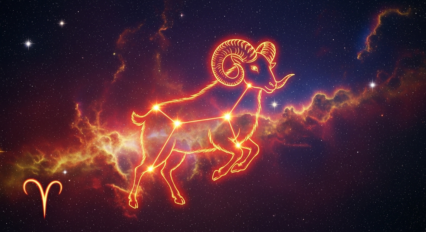 Imagem ilustrada do signo de Áries com constelação em formato de carneiro brilhante sobre fundo espacial escuro.