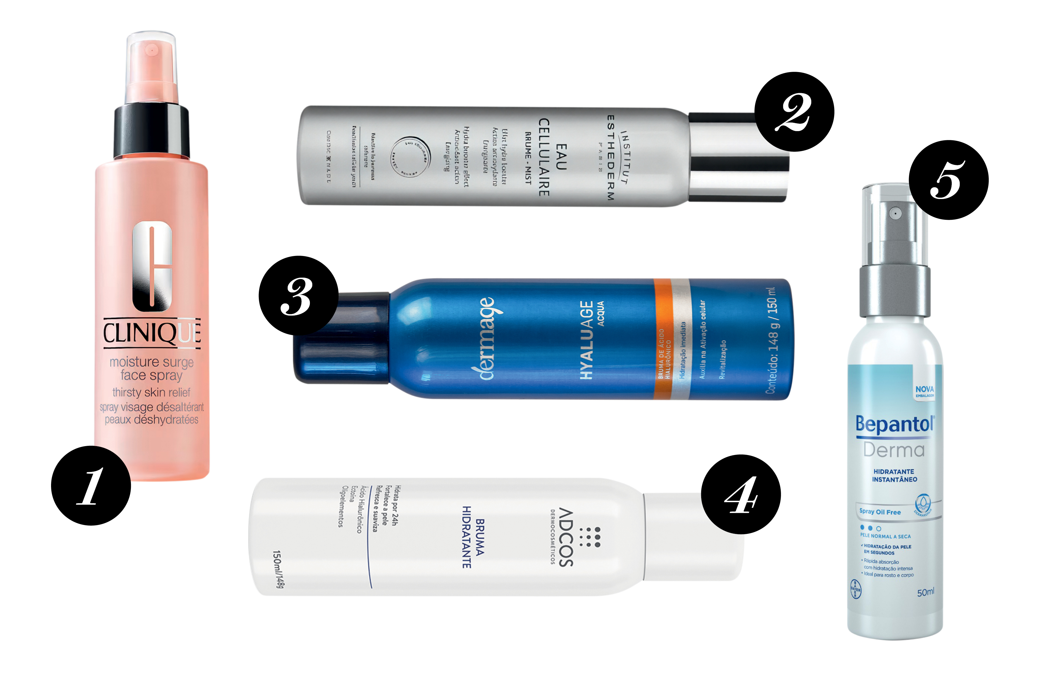 Montagem com cinco hidratantes faciais em spray numerados, incluindo frascos de Clinique, Esthederm, Dermage, ADCOS e Bepantol, em fundo neutro