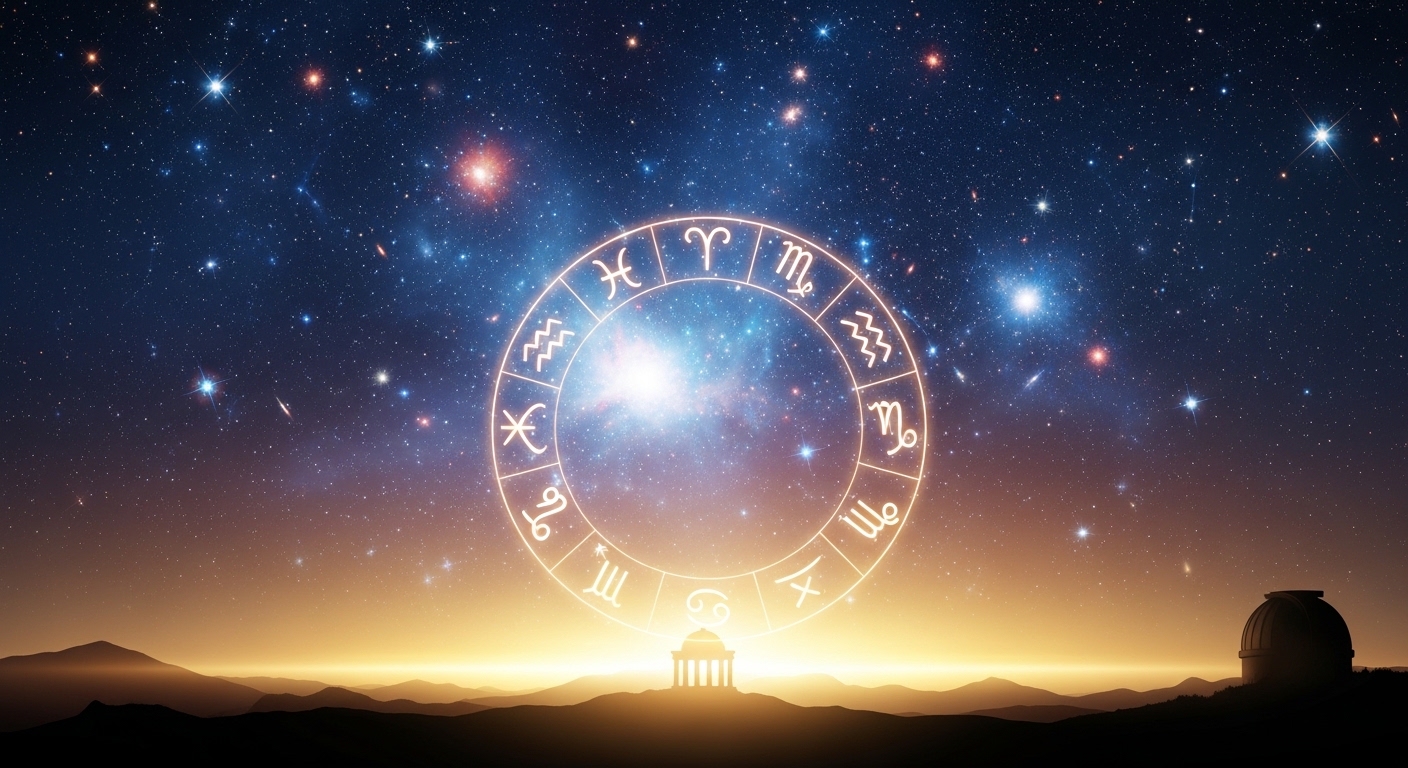 Céu estrelado com círculo iluminado dos signos do zodíaco sobre horizonte dourado ao amanhecer
