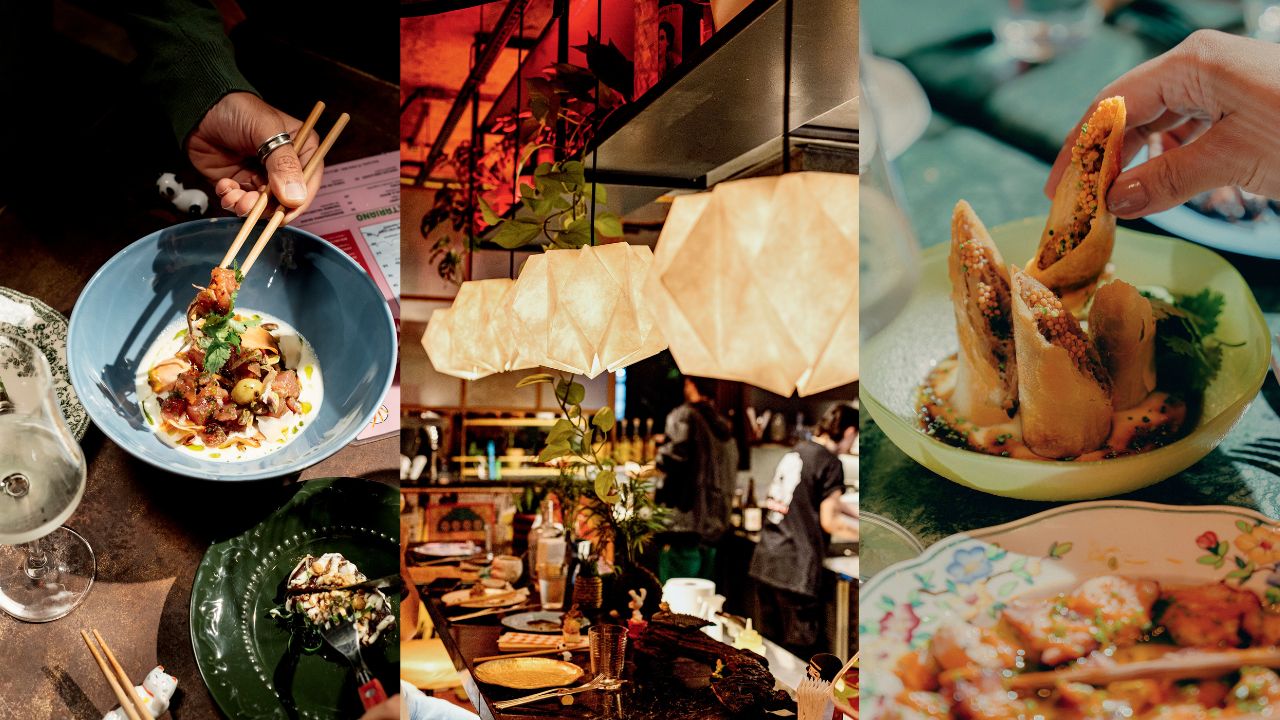 Montagem com três fotos do restaurante Barkatu, sendo duas de pratos servidos e uma do espaço interno