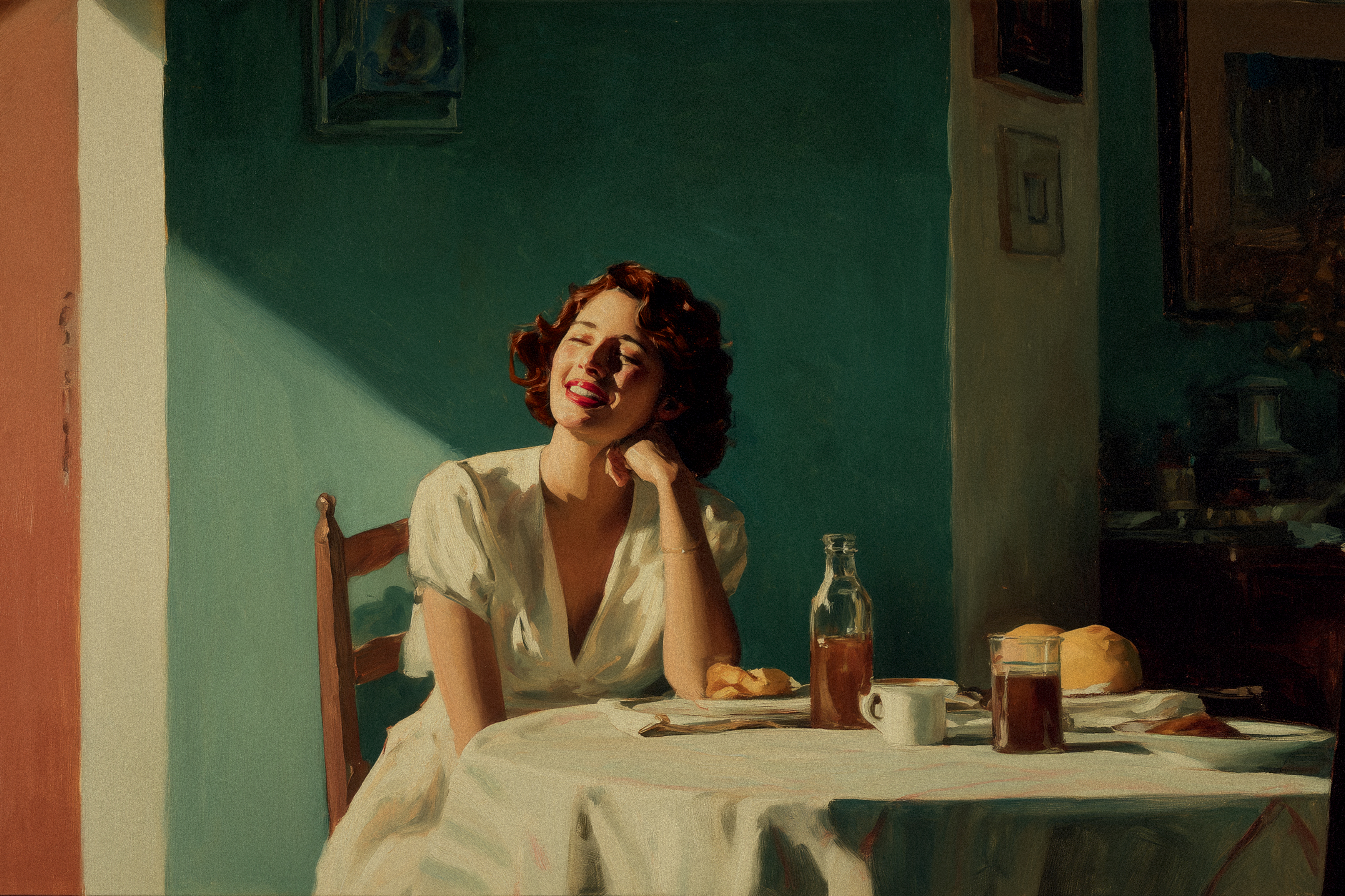 Ilustra&ccedil;&atilde;o em estilo pict&oacute;rico mostra uma mulher de cabelos curtos e ondulados sentada &agrave; mesa durante o caf&eacute; da manh&atilde;. A luz do sol atravessa a janela e ilumina seu rosto enquanto ela sorri com os olhos fechados, em um momento de tranquilidade e prazer solit&aacute;rio.