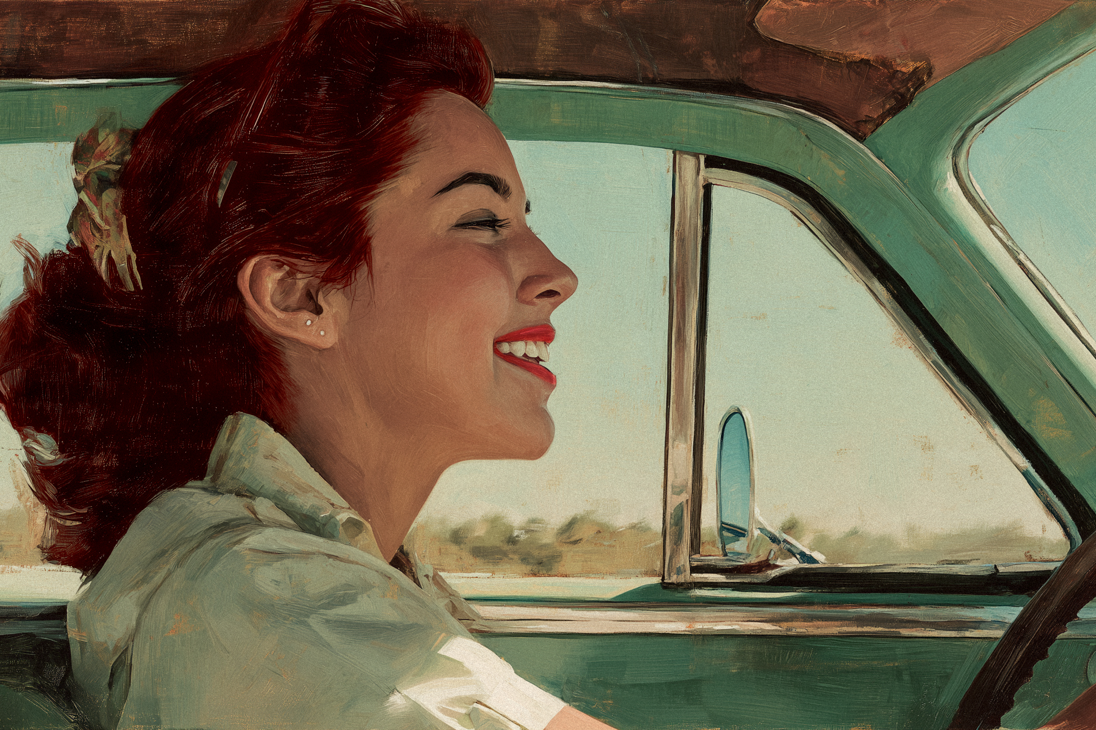 Retrato art&iacute;stico de uma mulher ruiva dirigindo um carro antigo. Com express&atilde;o leve e sorriso aberto, ela olha para a estrada enquanto o vento parece acompanhar a sensa&ccedil;&atilde;o de liberdade do momento.