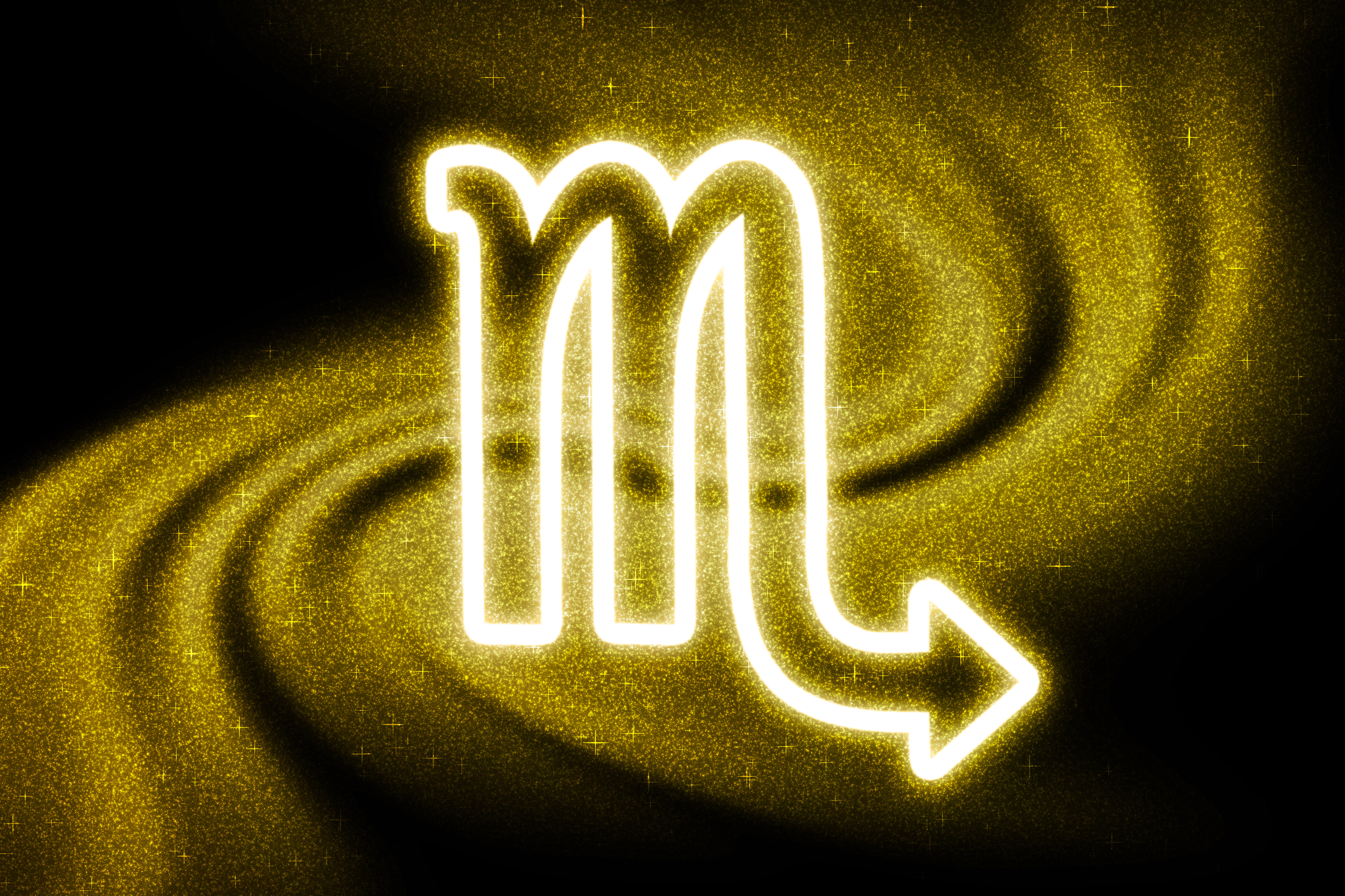 Imagem do símbolo do sígno de escorpião em fundo preto rodeado de glitter dourado