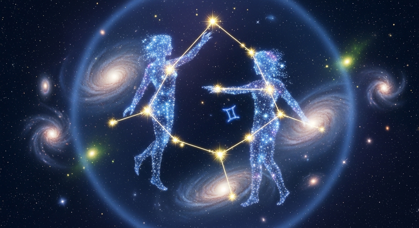 Ilustração da constelação de Gêmeos no espaço, com duas figuras humanas formadas por estrelas e o símbolo do signo ao centro, cercadas por galáxias.