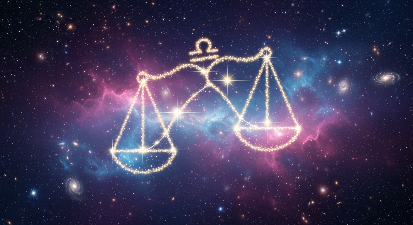 Ilustração do símbolo astrológico de Libra formado por estrelas brilhantes em formato de balança sobre fundo espacial colorido com galáxias.