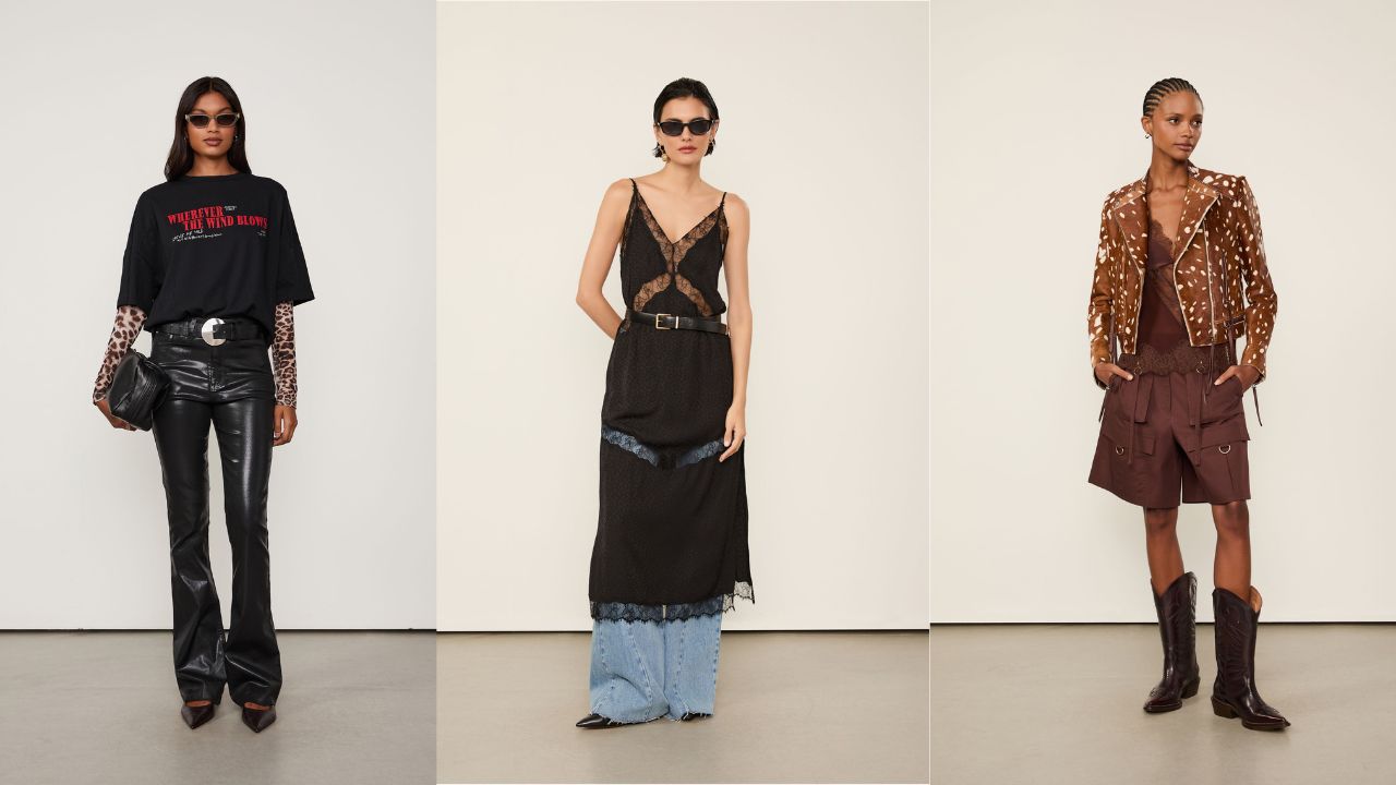 Modelos com looks de festival que misturam couro, renda e referências western e boho, tendência de moda para o Lollapalooza 2026 com estilo urbano