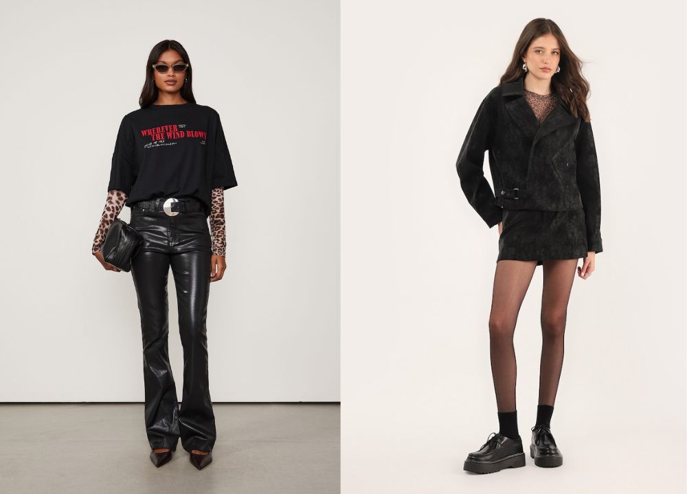 Looks all black com pegada urbana, incluindo couro, mini saia e sobreposi&ccedil;&otilde;es, tend&ecirc;ncia de estilo moderno e impactante para festivais de m&uacute;sica