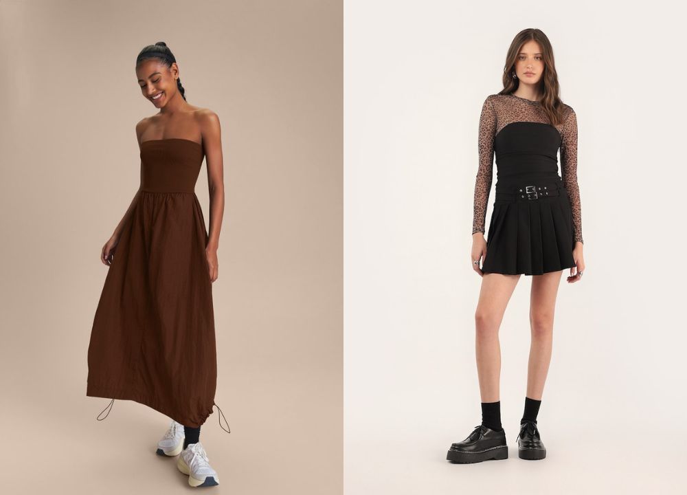 Vestido longo fluido em tom terroso e look com transpar&ecirc;ncia e mini saia, combina&ccedil;&atilde;o que traduz o estilo boho sofisticado para o Lollapalooza 2026