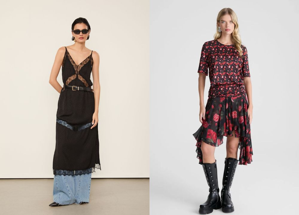 Looks com renda e estampa floral combinados a botas, representando a tend&ecirc;ncia new boho para festivais de m&uacute;sica com est&eacute;tica feminina e contempor&acirc;nea