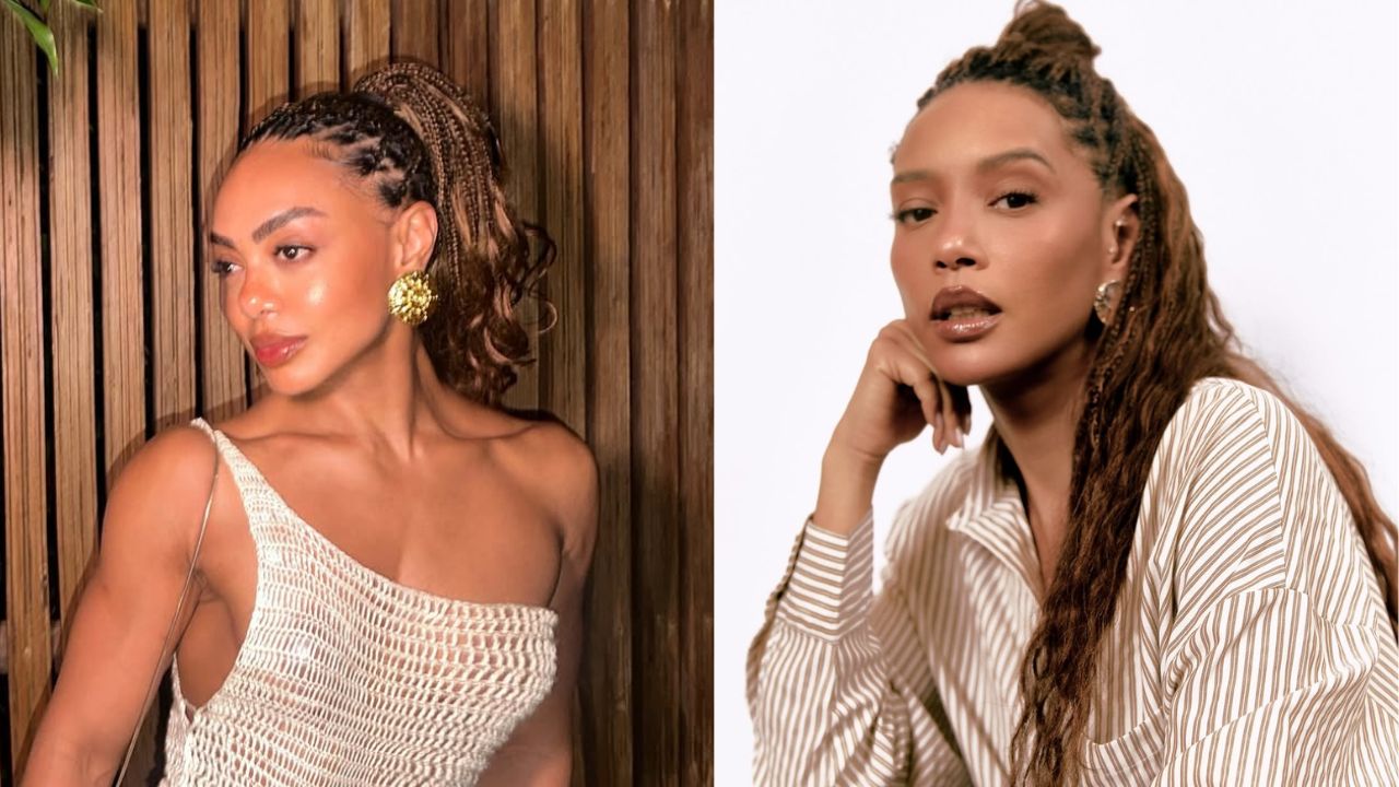 Duas mulheres negras com tran&ccedil;as nos cabelos posando para fotos