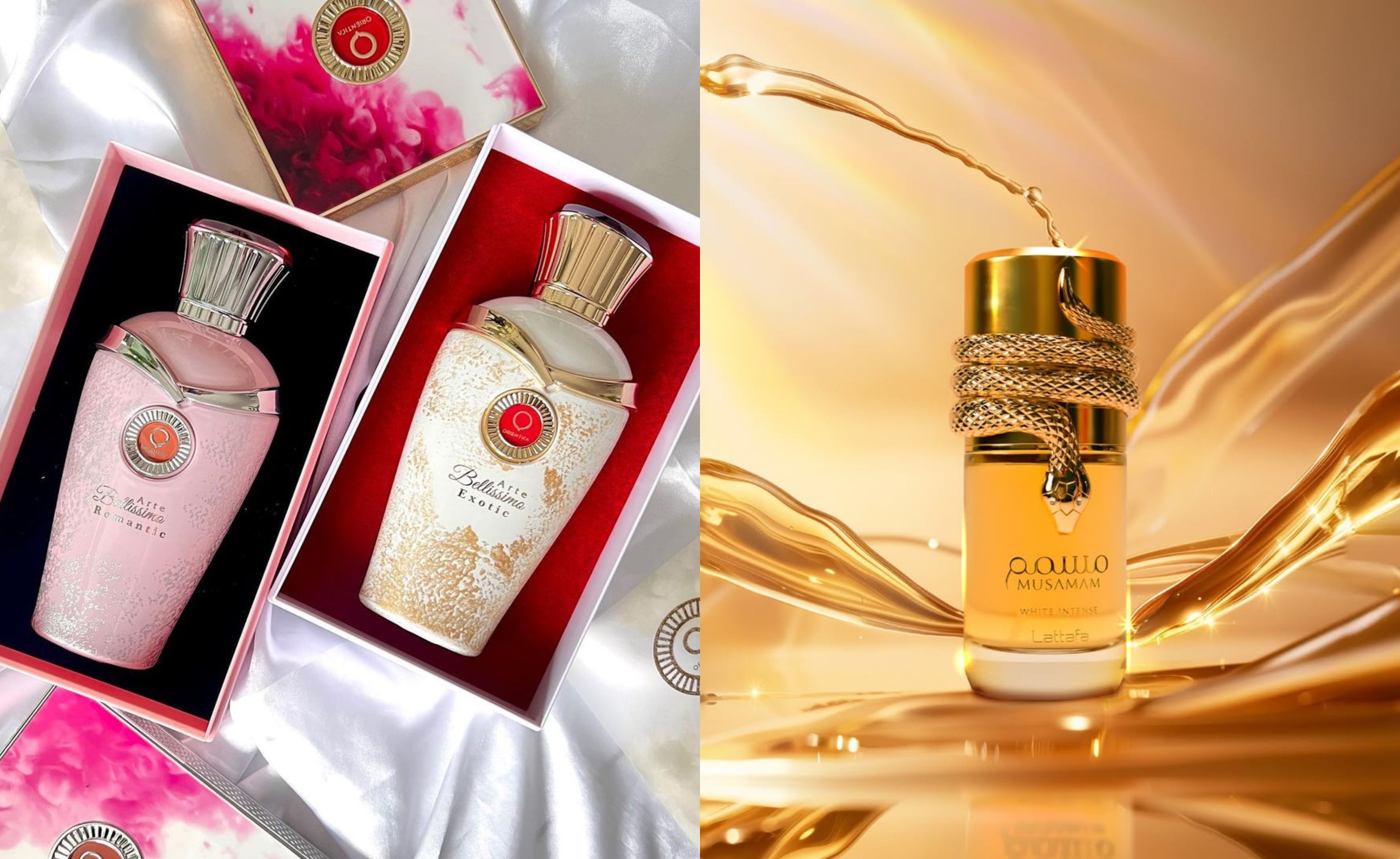 Colagem com duas fotos. Na primeira, aparecem dois perfumes árabes dentro de uma embalagem retangular. Na segunda, há um perfume árabe em uma embalagem que imita uma cobra