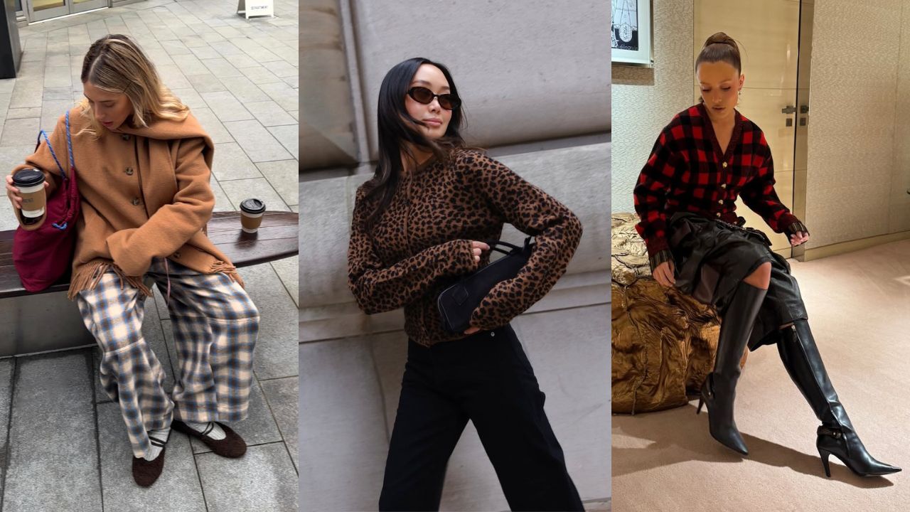 Tr&ecirc;s mulheres posando para foto com looks de estampas xadrez ou oncinha