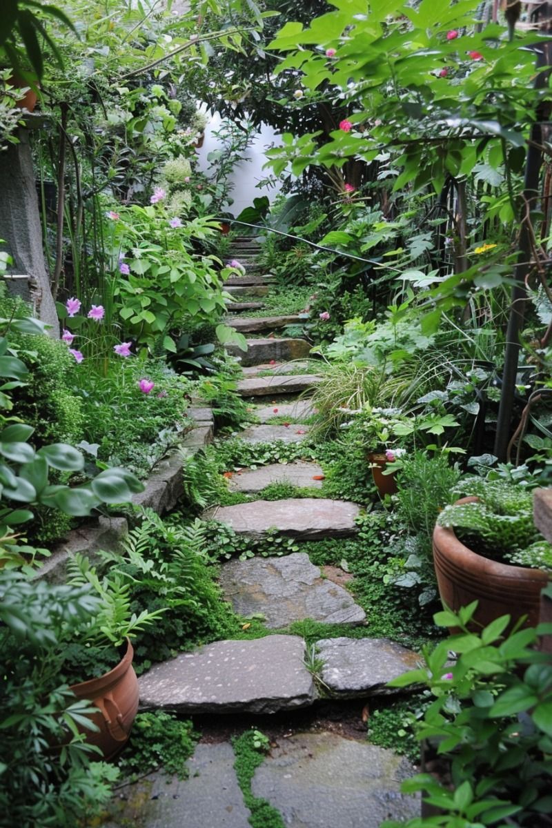 Caminho de pedras envolto por plantas e &aacute;rvores em jardim r&uacute;stico