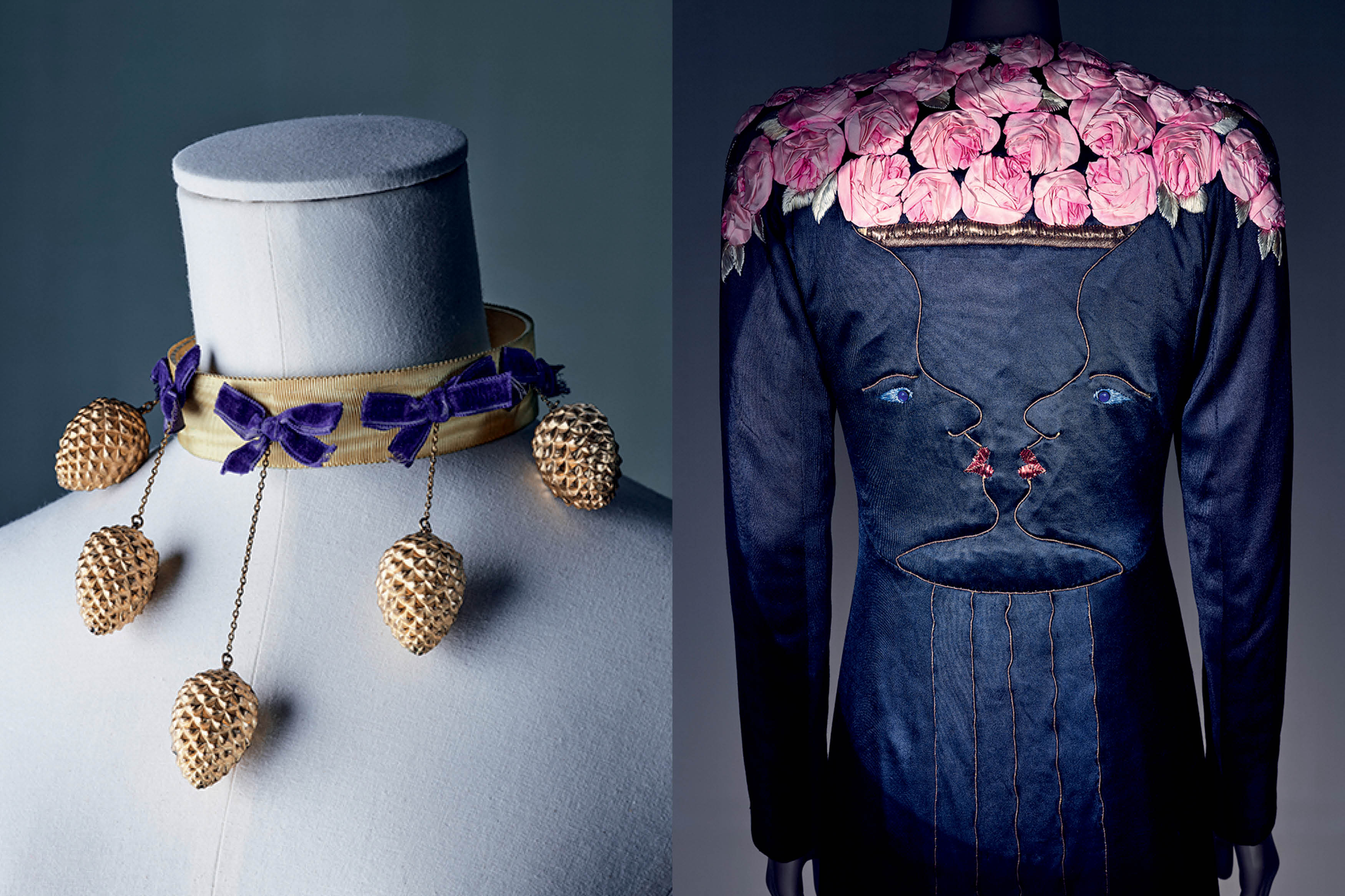 Pe&ccedil;as de moda conceitual com bordados e acess&oacute;rios art&iacute;sticos em exposi&ccedil;&atilde;o, representando a influ&ecirc;ncia da alta-costura e da rela&ccedil;&atilde;o entre moda e arte em mostras internacionais