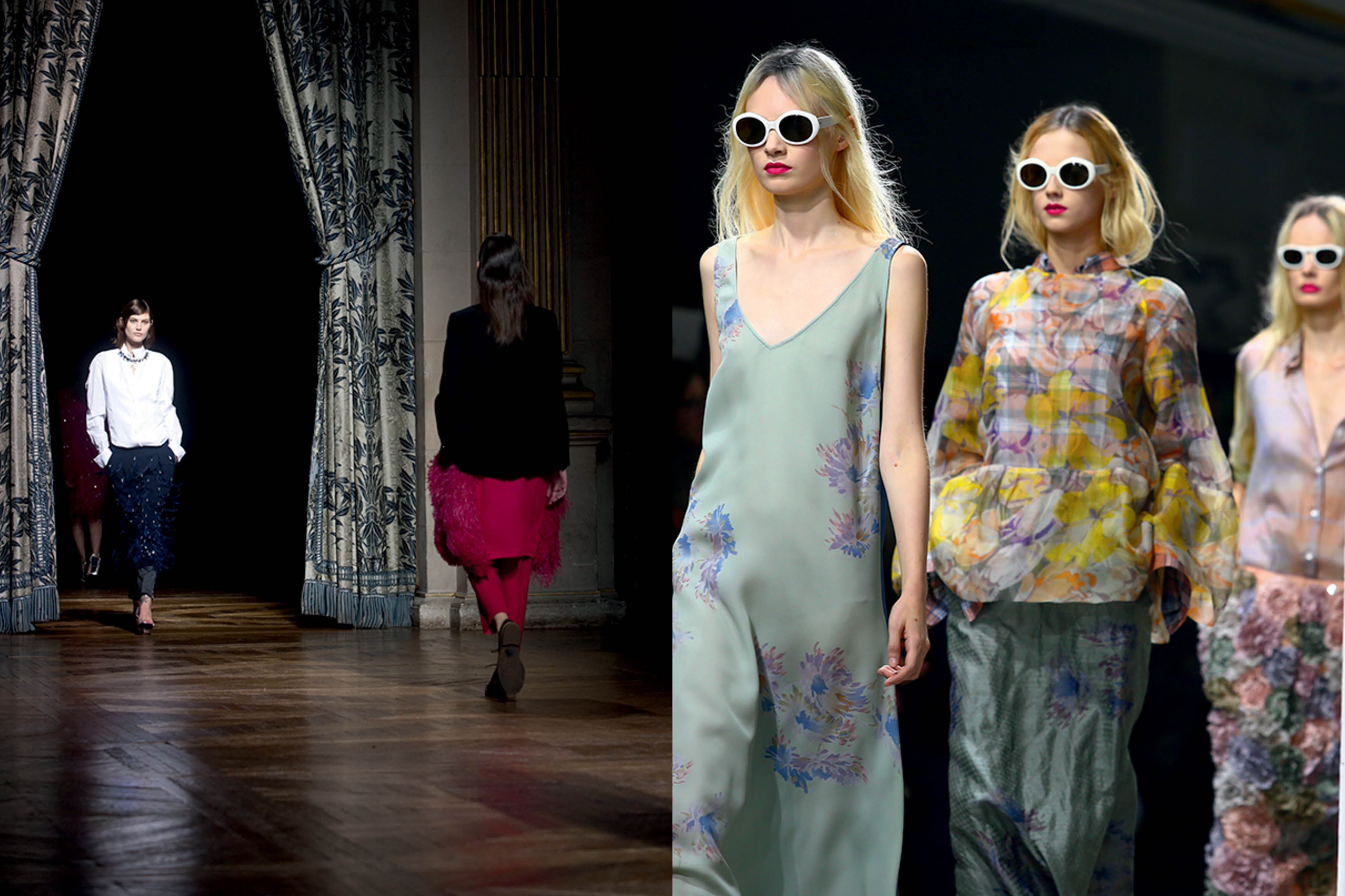 Desfile de moda com modelos usando looks sofisticados e contempor&acirc;neos, ilustrando o impacto criativo de designers como o Antwerp Six e a evolu&ccedil;&atilde;o da moda autoral nas passarelas