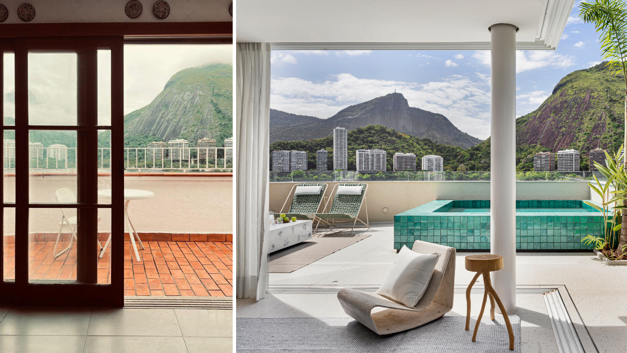 Antes e depois de varanda frontal com vista para morro