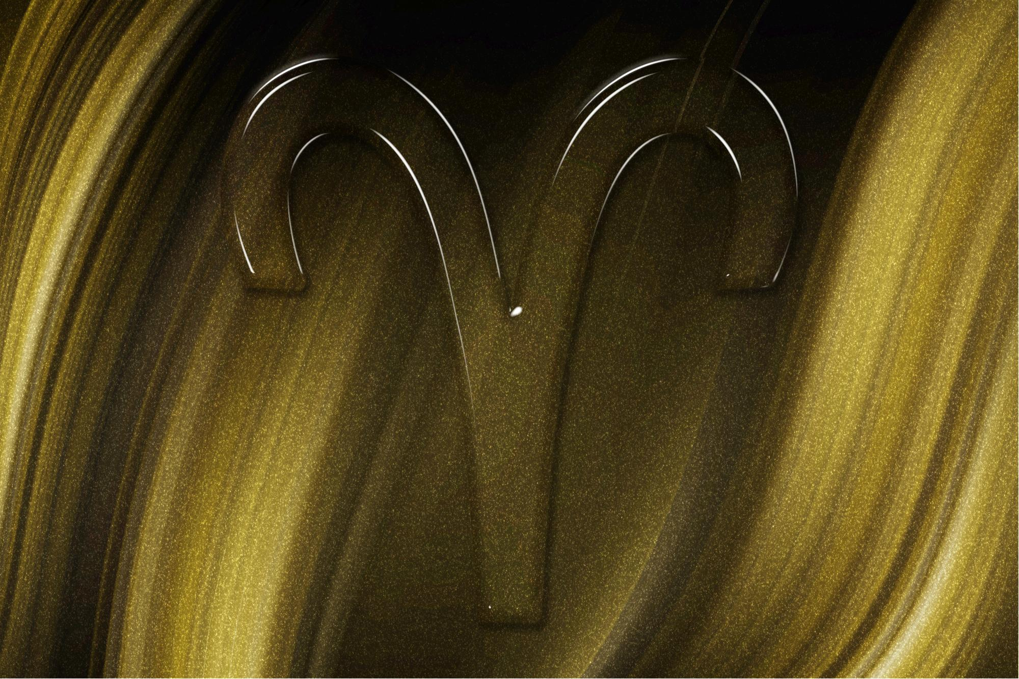 &Iacute;cone de &Aacute;ries em linhas definidas sobre um fundo dourado din&acirc;mico, transmitindo impulso e iniciativa. A imagem dialoga com o chamado de Saturno para agir com coragem, mas com estrutura.