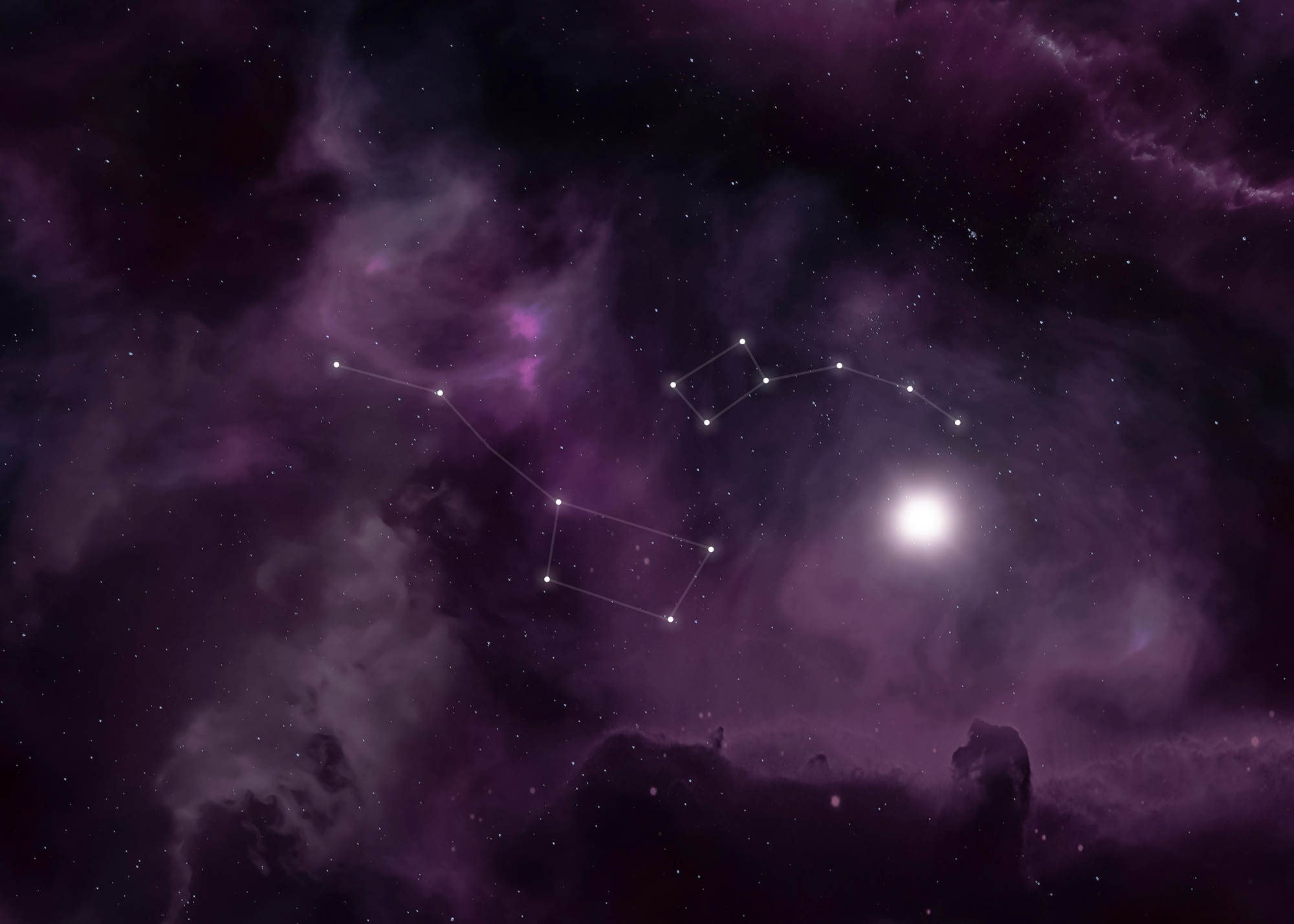 Constelações em fundo roxo profundo com estrelas e luz intensa, representando o período astrológico de Vênus retrógrado em Escorpião em 2026, associado a revisões emocionais, transformação e autoconhecimento.