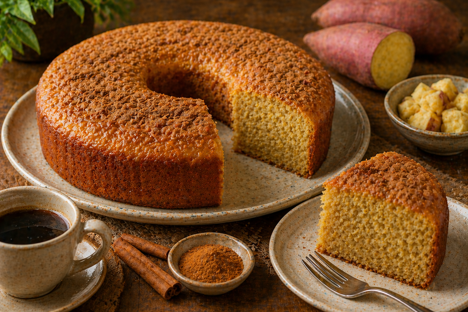 Bolo de batata-doce com canela, com crosta dourada, servido com café e especiarias ao lado.