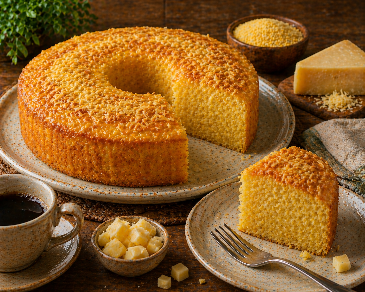 Bolo de cuscuz com queijo, de textura granulada e dourada, acompanhado de café e queijo parmesão.