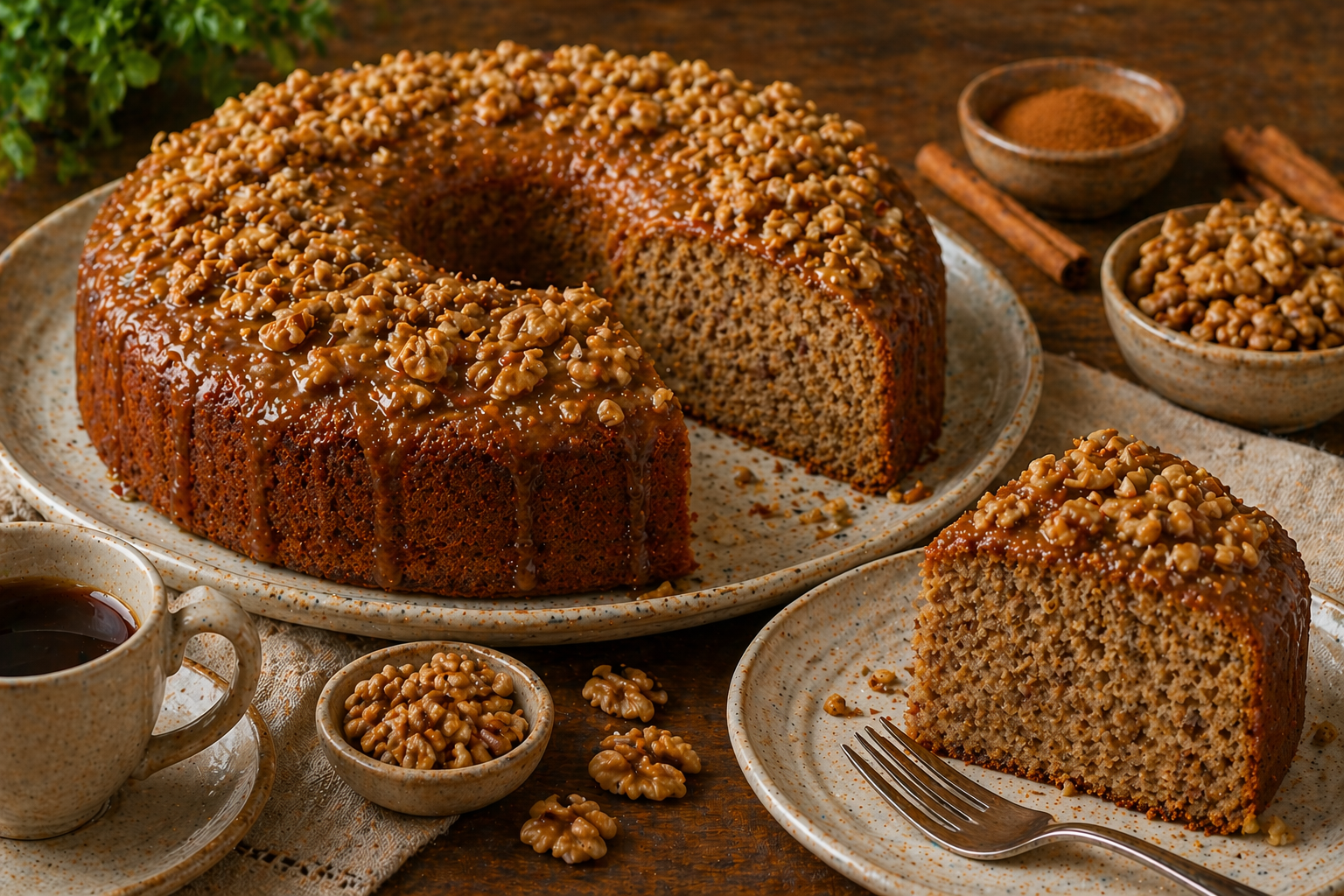 Bolo de nozes com cobertura cremosa e pedaços de noz, acompanhado de café e especiarias.
