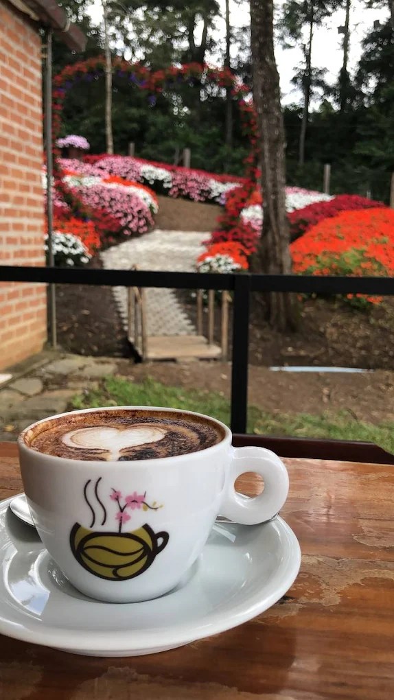 Xícara de café com arte na espuma em varanda com vista para jardim florido no Café com Orquídea, em Santo Antônio do Pinhal.