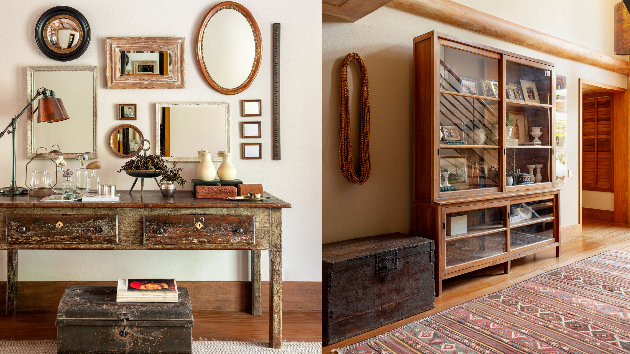 Decoração de casa com móveis e objetos de madeira e com aspecto retrô