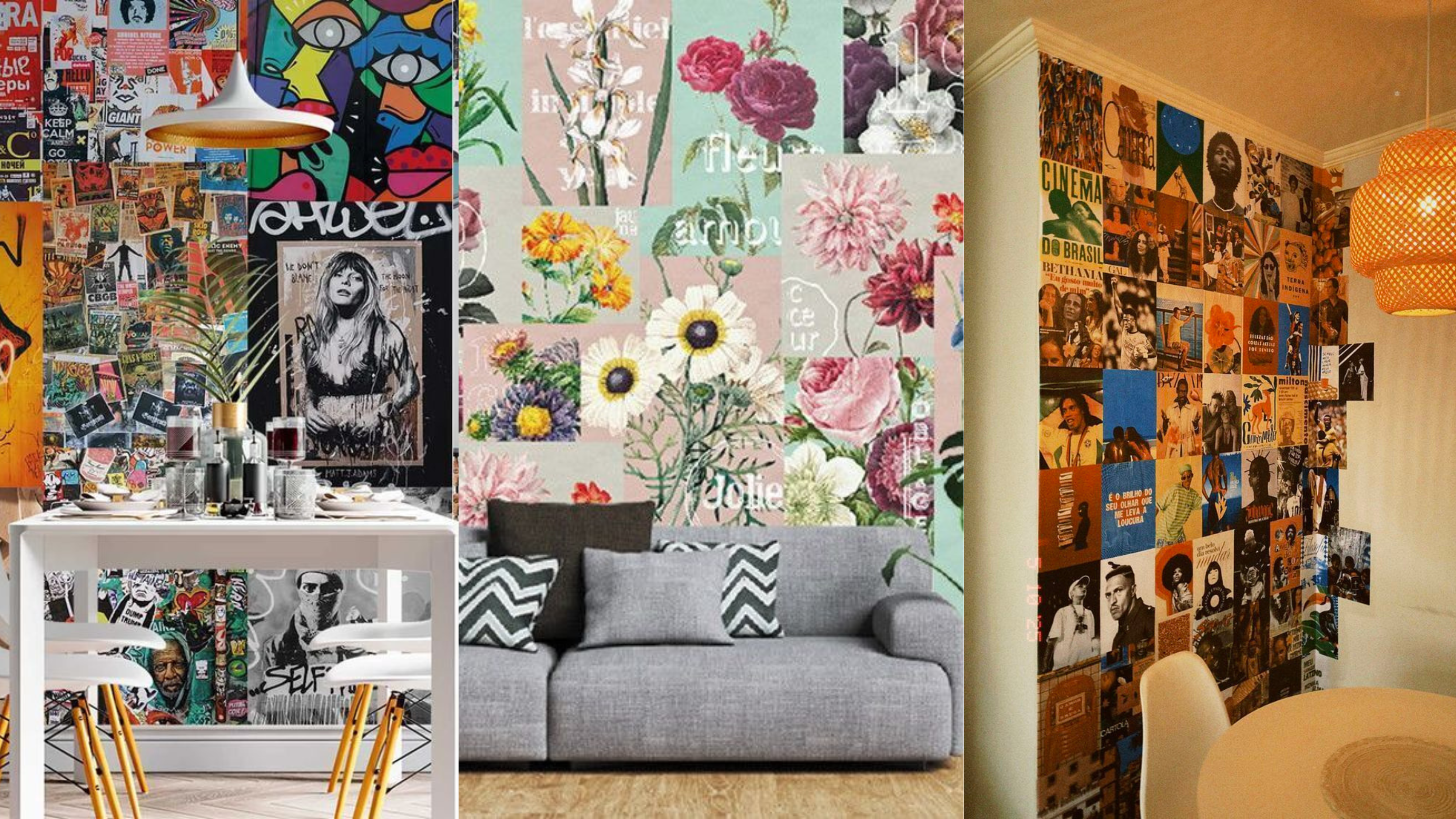 Montagem com três ambientes decorados com lambe-lambes: parede com colagens pop art e grafite, composição floral delicada atrás do sofá e mural com capas de álbuns musicais, mostrando como transformar paredes com estilo criativo e acessível.