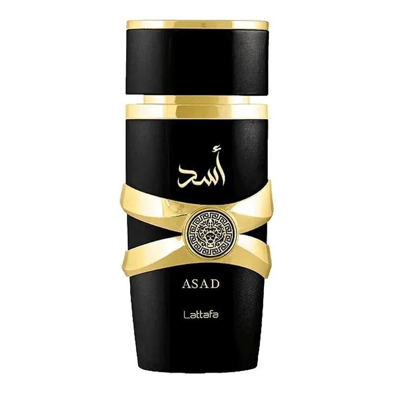 Foto do perfume Lattafa Asad. Ele tem a embalagem preta e dourada