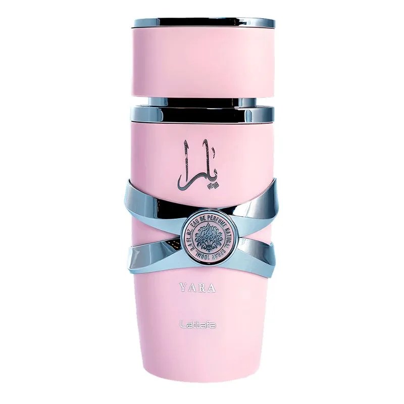 Foto do perfume Yara Lattafa. A embalagem dele &eacute; rosa e prata