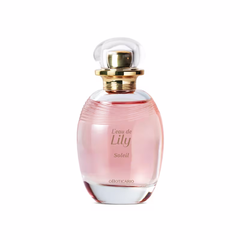 Perfume de embalagem oval, líquido rosa e tampa com detalhe dourado