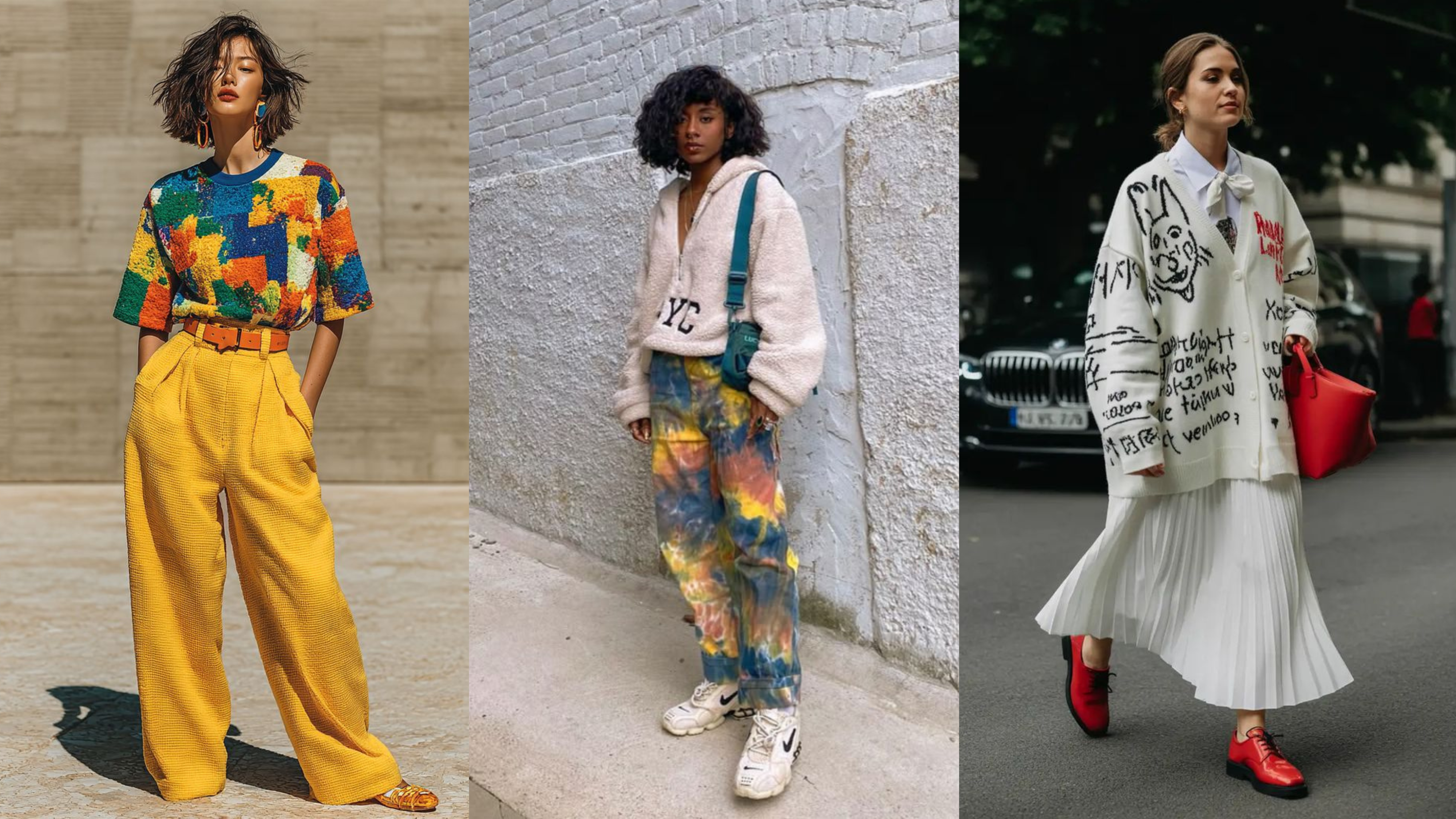 Peças com estampas que remetem a pinceladas e tinta, representando a influência das artes plásticas na moda e na estética do estilo artista