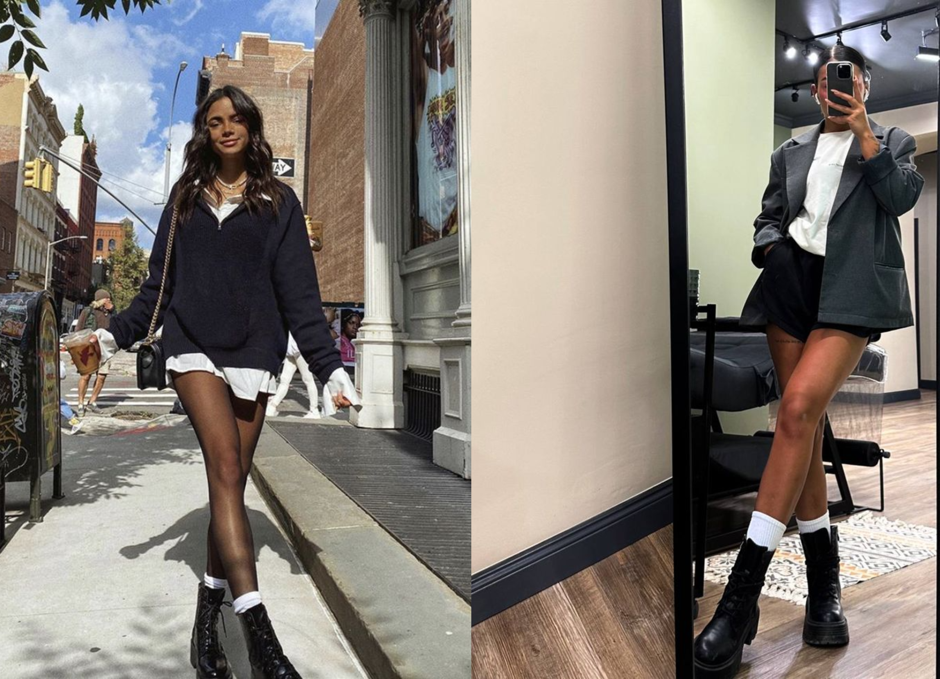 Looks com coturno preto e meia aparente, criando contraste com short e blazer.