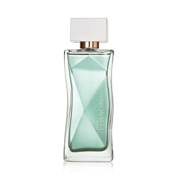 Perfume retangular azul com tampa branca
