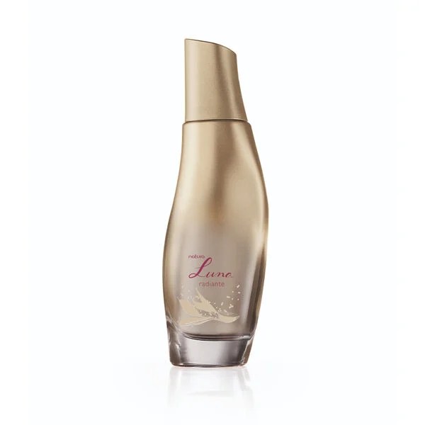 Frasco dourado do perfume Luna Radiante da Natura com design curvo e delicado.