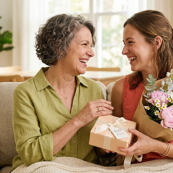 Mãe e filha sorrindo enquanto trocam presente e flores em casa.