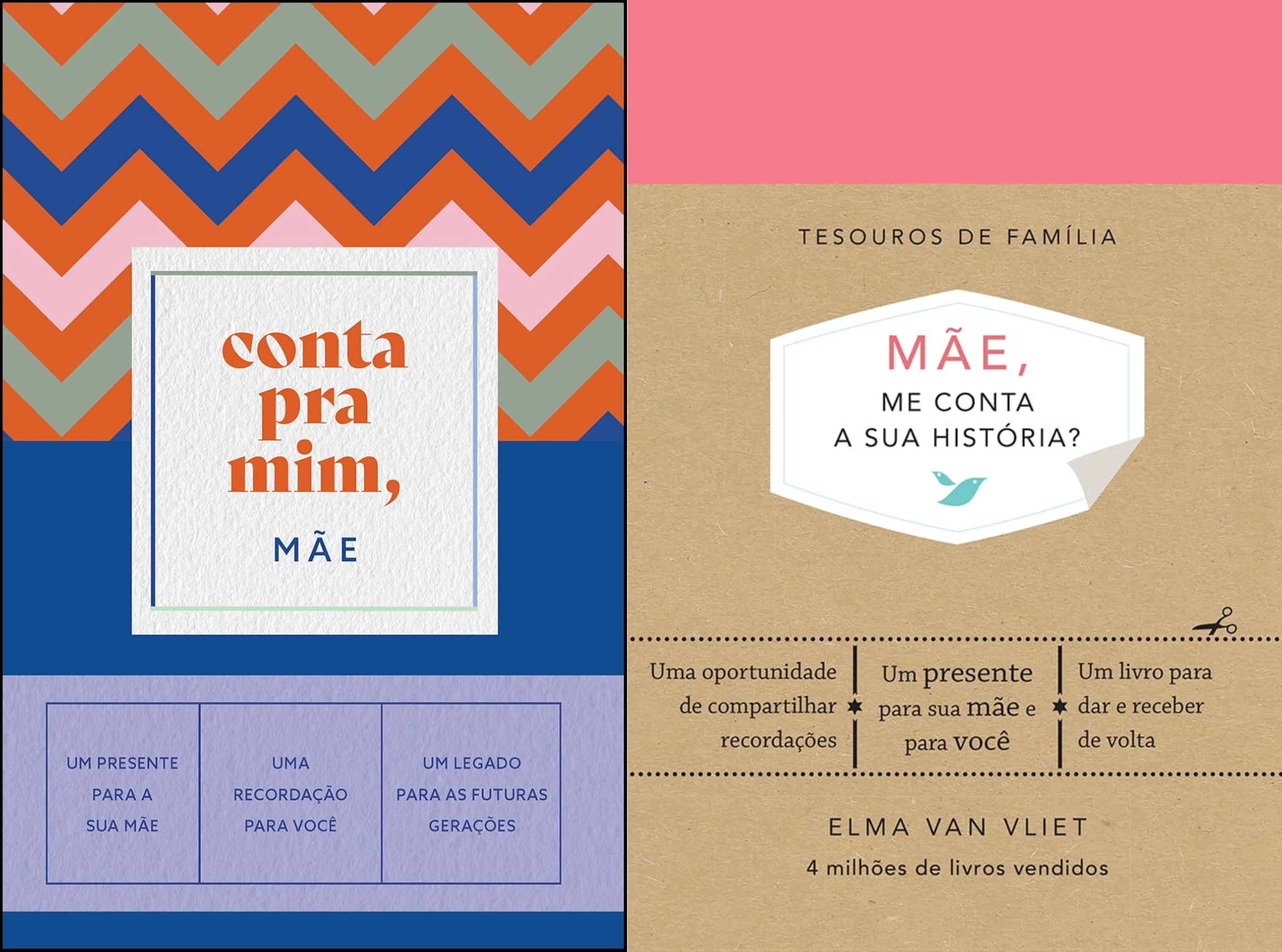 Capas do livro “Conta pra mim, mãe” com proposta de registrar memórias e histórias.
