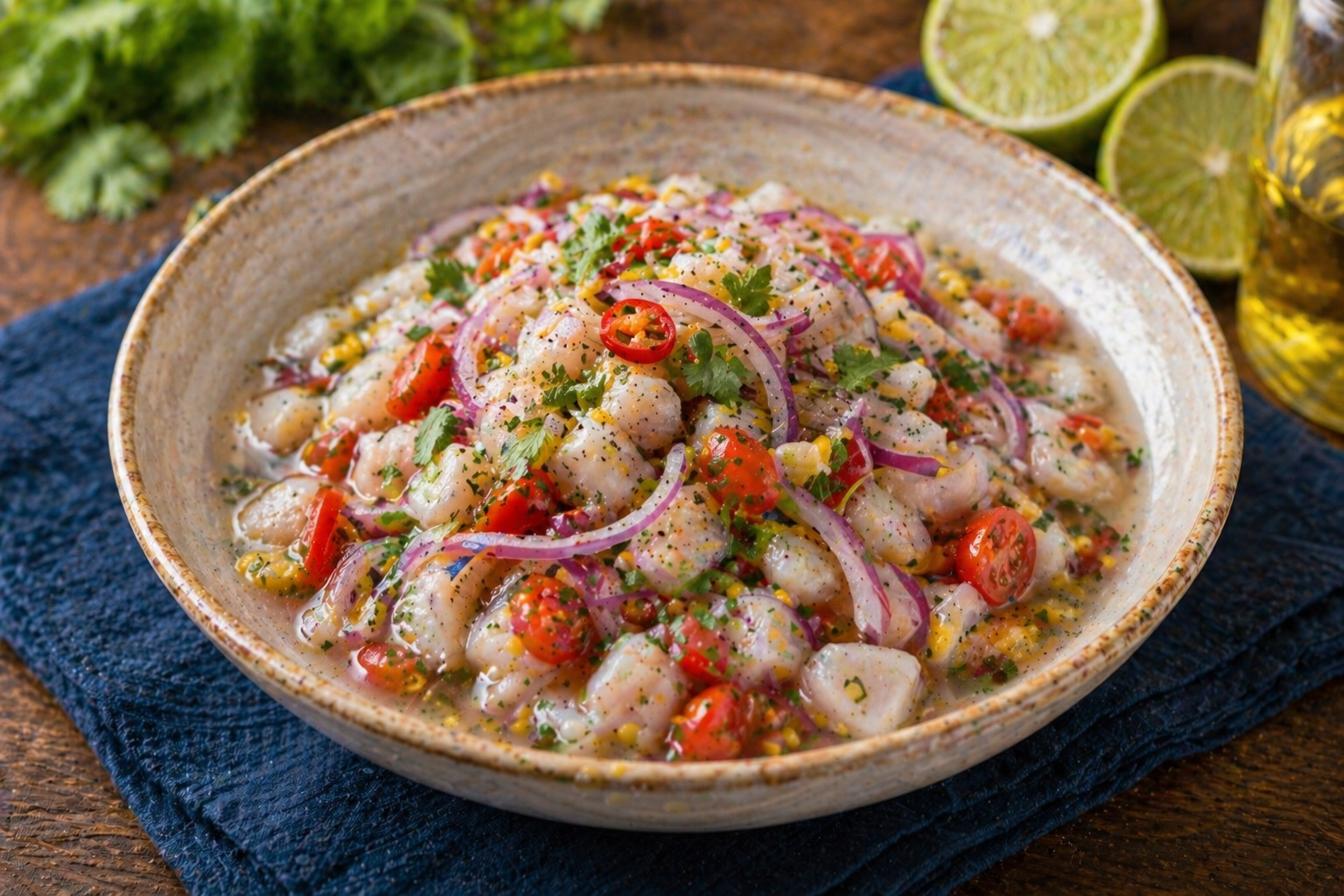 Ceviche de tilápia com cebola roxa, tomate, milho e ervas frescas em molho cítrico.