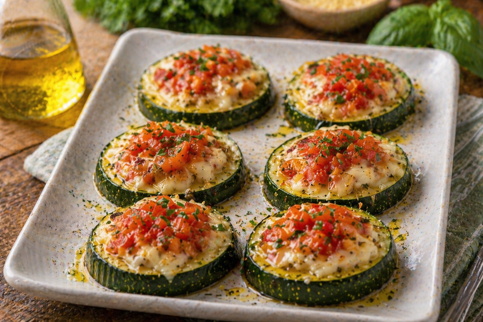 Bruschettas de abobrinha assadas com queijo derretido e tomate temperado, servidas em prato claro.