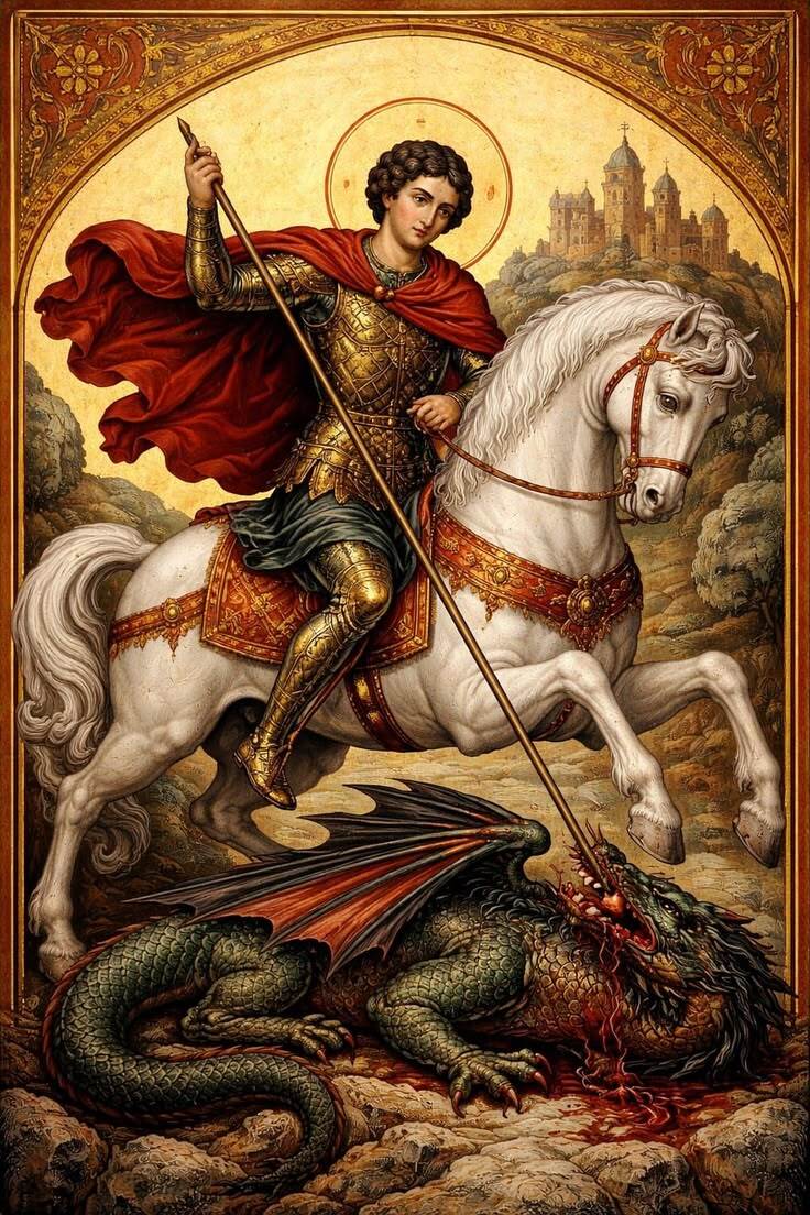 Ilustra&ccedil;&atilde;o de S&atilde;o Jorge montado em cavalo branco, derrotando um drag&atilde;o com uma lan&ccedil;a, s&iacute;mbolo de coragem e prote&ccedil;&atilde;o