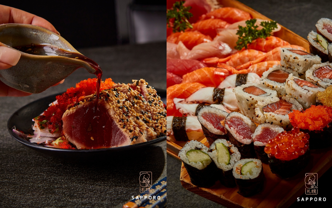Comida japonesa servida em recipientes escuros