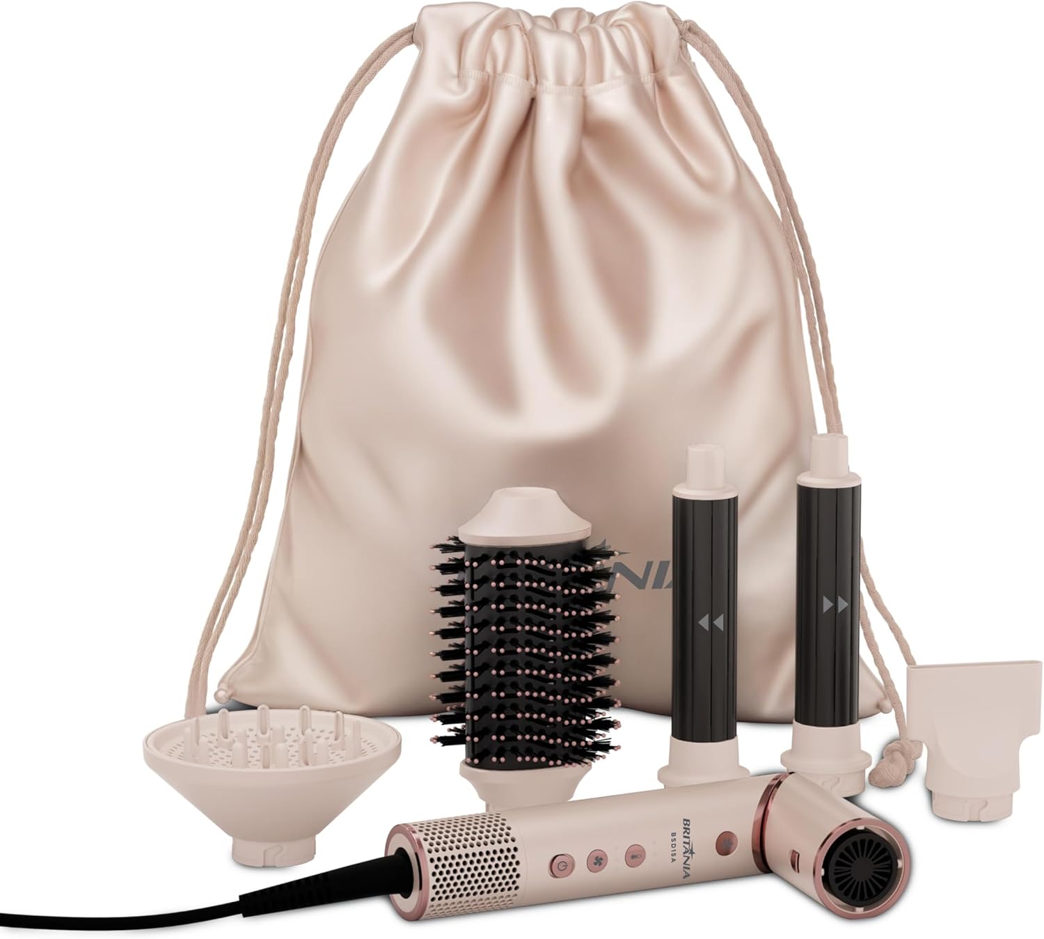 Secador de cabelo e acessorios em tons de rosa e preto