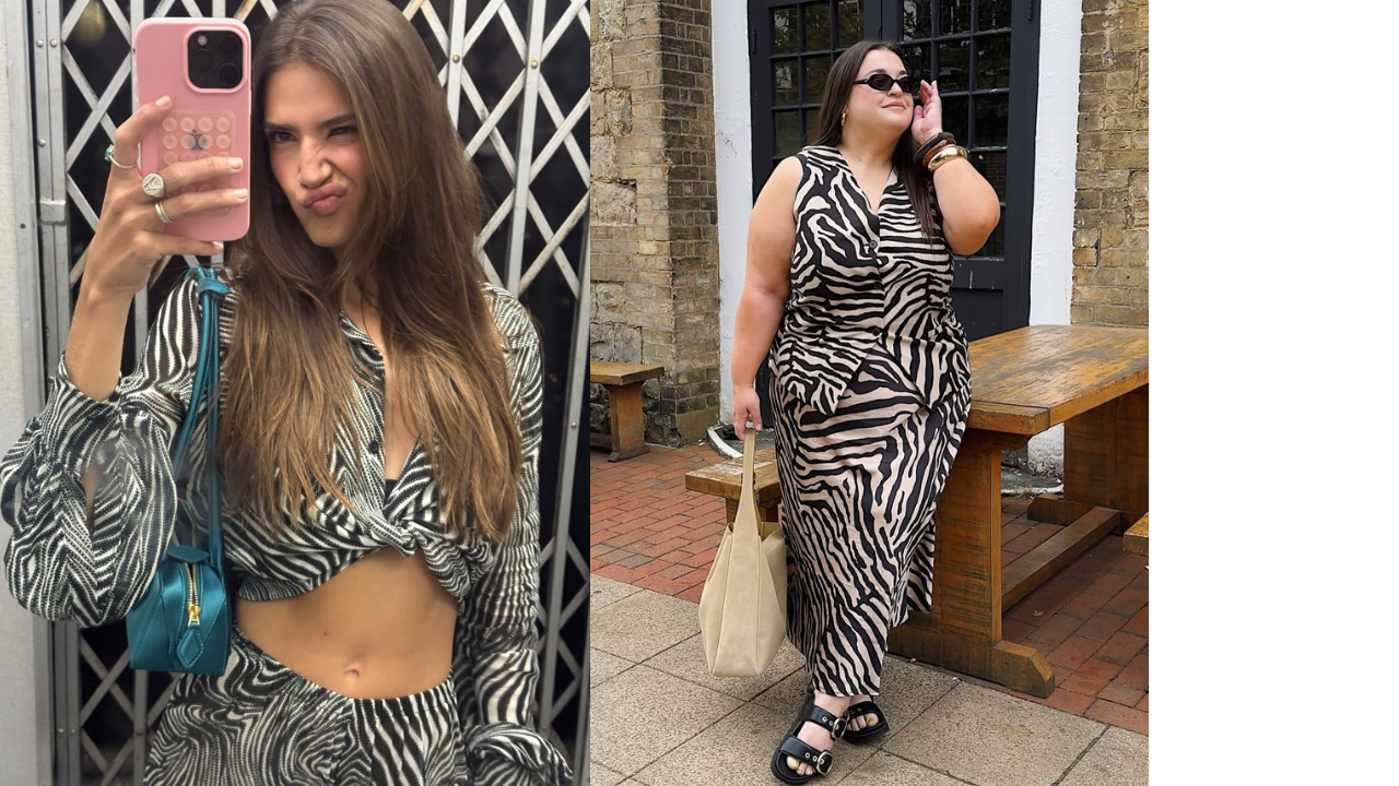 Duas mulheresn posando para foto com looks all estampado de zebra