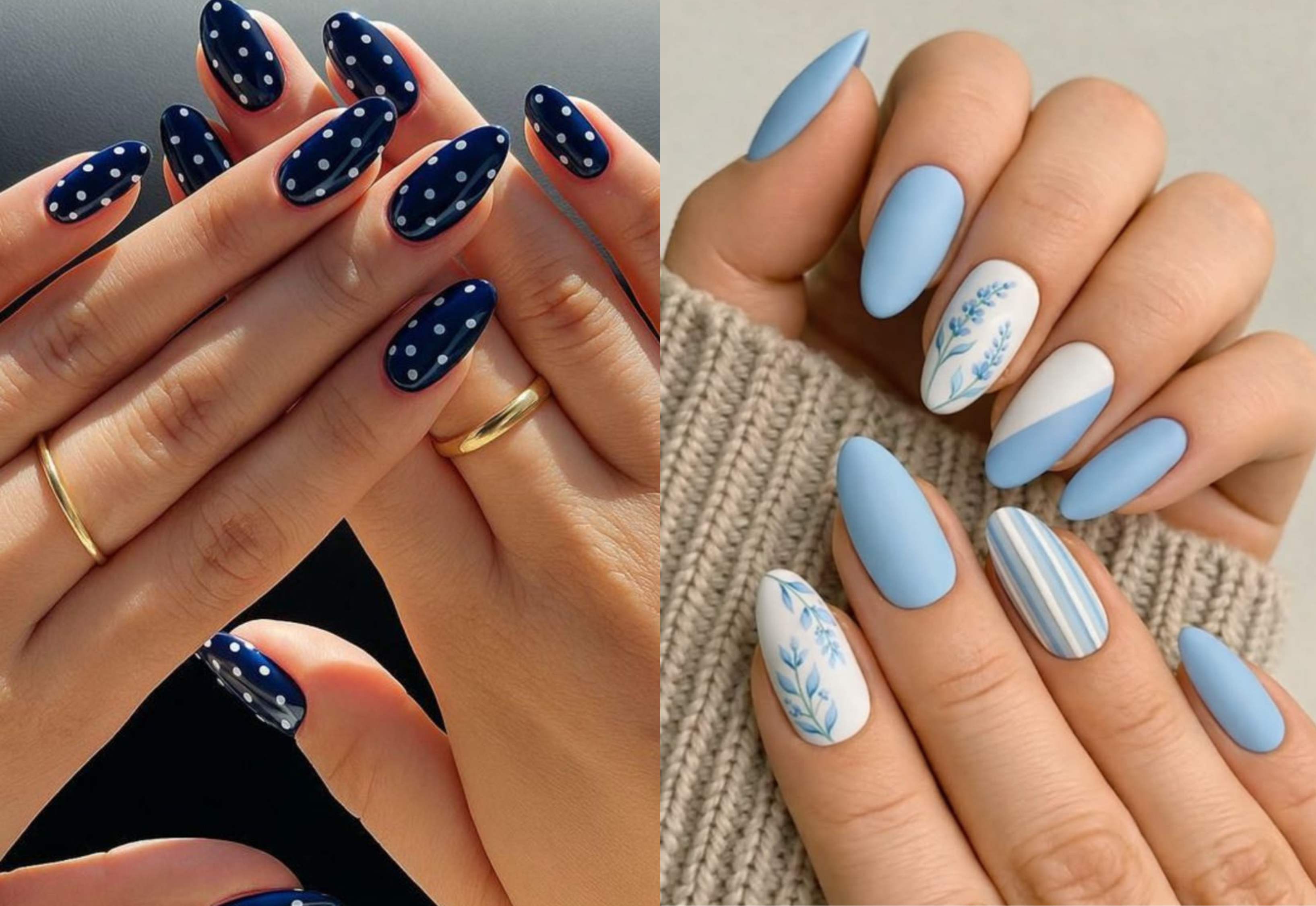 Unhas azul-escuro com estampa de bolinhas brancas e unhas claras com desenhos florais delicados em azul.