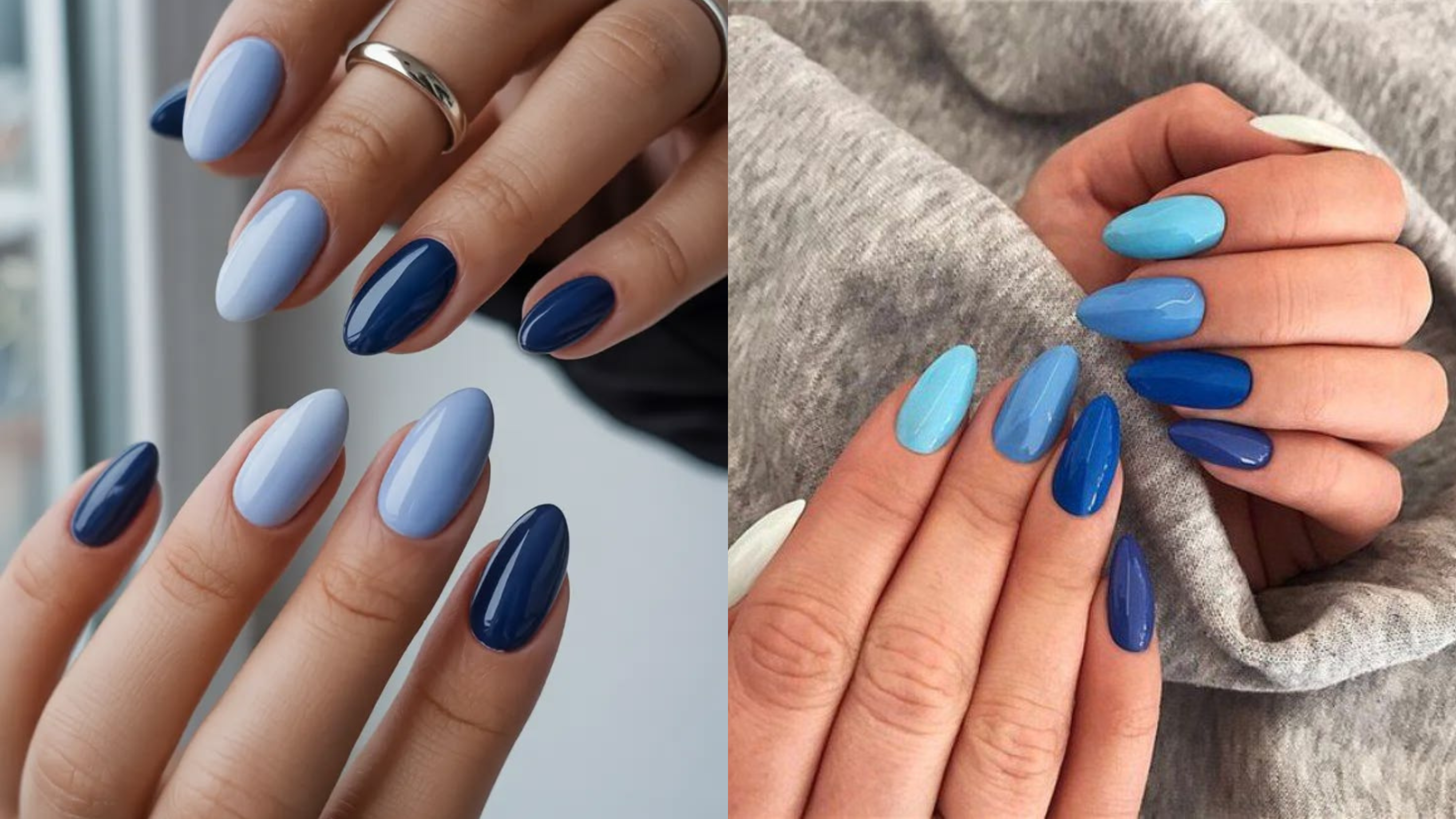 Unhas em diferentes tons de azul, do claro ao escuro, criando um degradê entre os dedos.