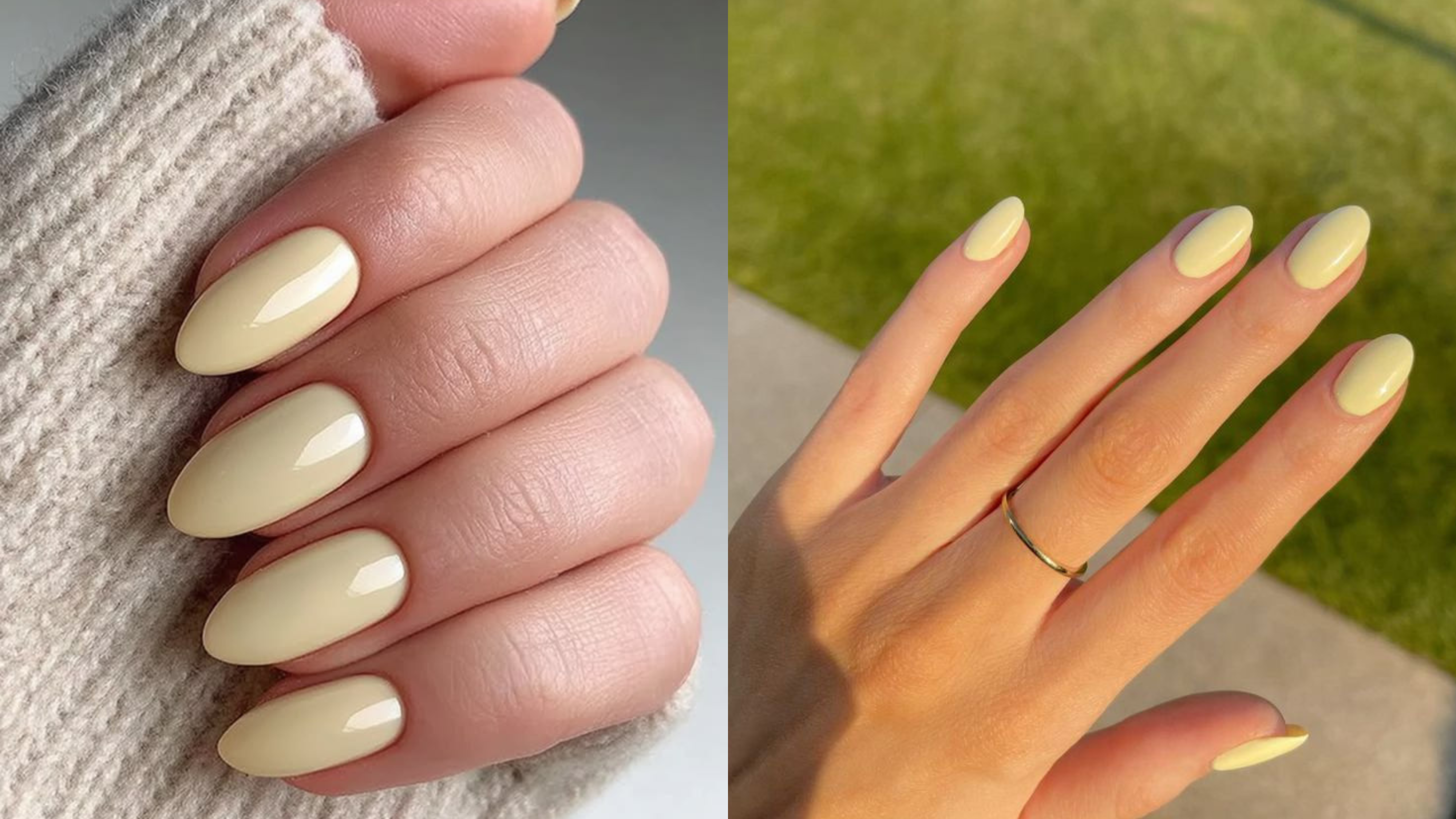 Unhas amendoadas com esmalte amarelo baunilha claro, iluminadas pela luz natural, com acabamento delicado.
