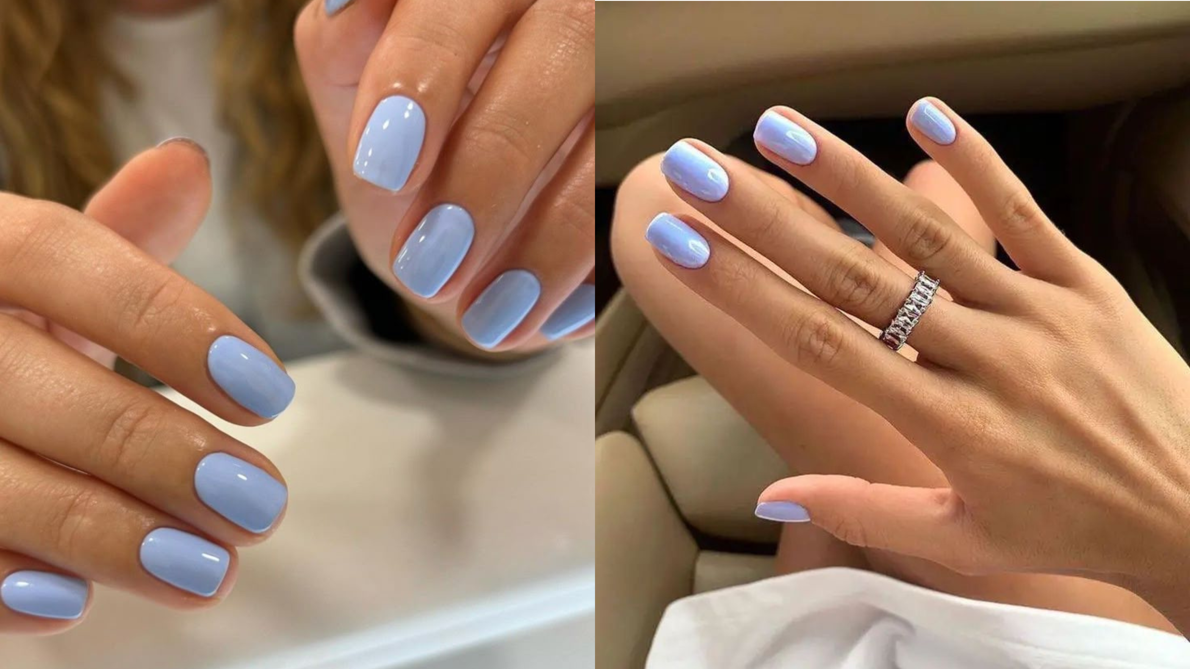Unhas curtas pintadas com esmalte azul bebê suave, com brilho e visual moderno e leve.