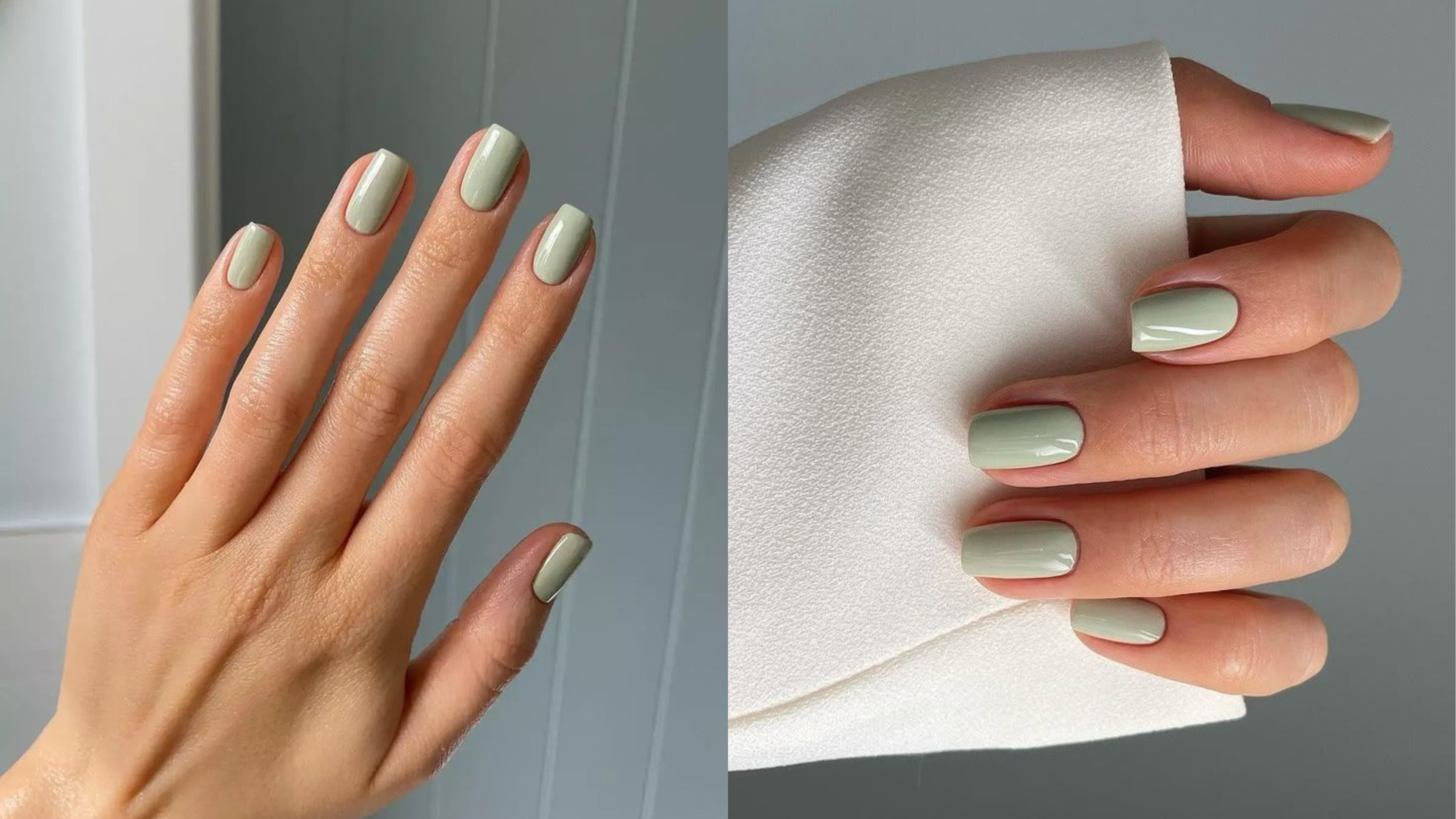 Unhas curtas com esmalte verde sage, tom suave e elegante com acabamento brilhante.