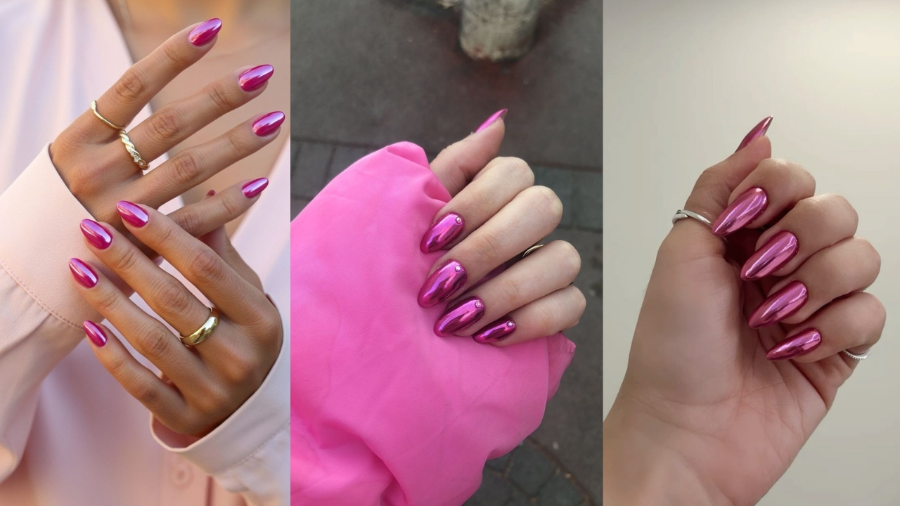 Montagem de tr&ecirc;s fotos de m&atilde;os femininas com unhas rosa pink