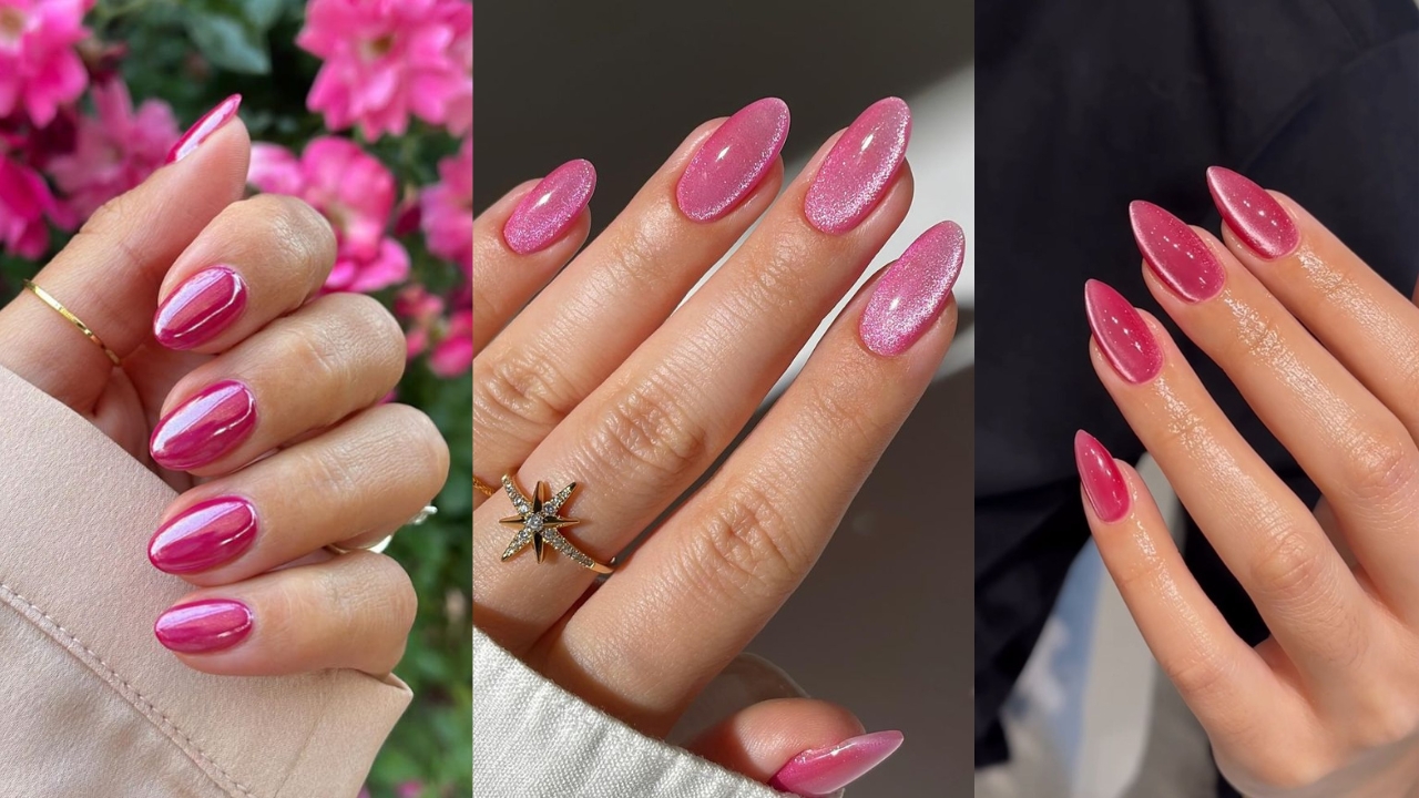 Montagem de tr&ecirc;s fotos de m&atilde;os femininas com unhas rosa pink